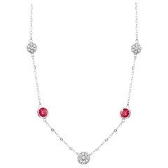 Three Diamonds Circles and Two Round Burma Ruby Bezel Set Gold Pendant Necklace
