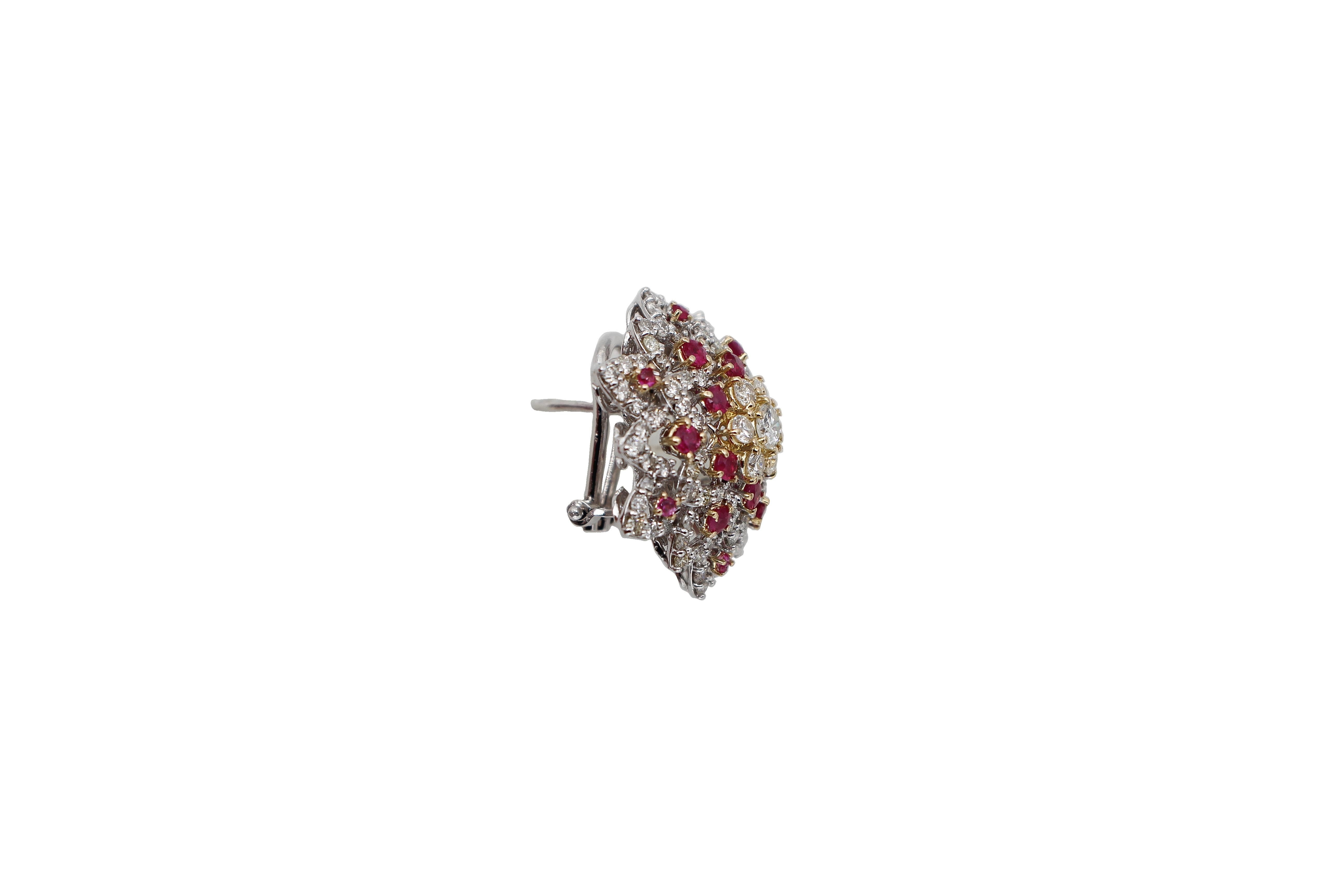 Retro Diamonds and Rubies, 18kt White/Yellow Gold Flower/Star Design Clip-On Earrings
