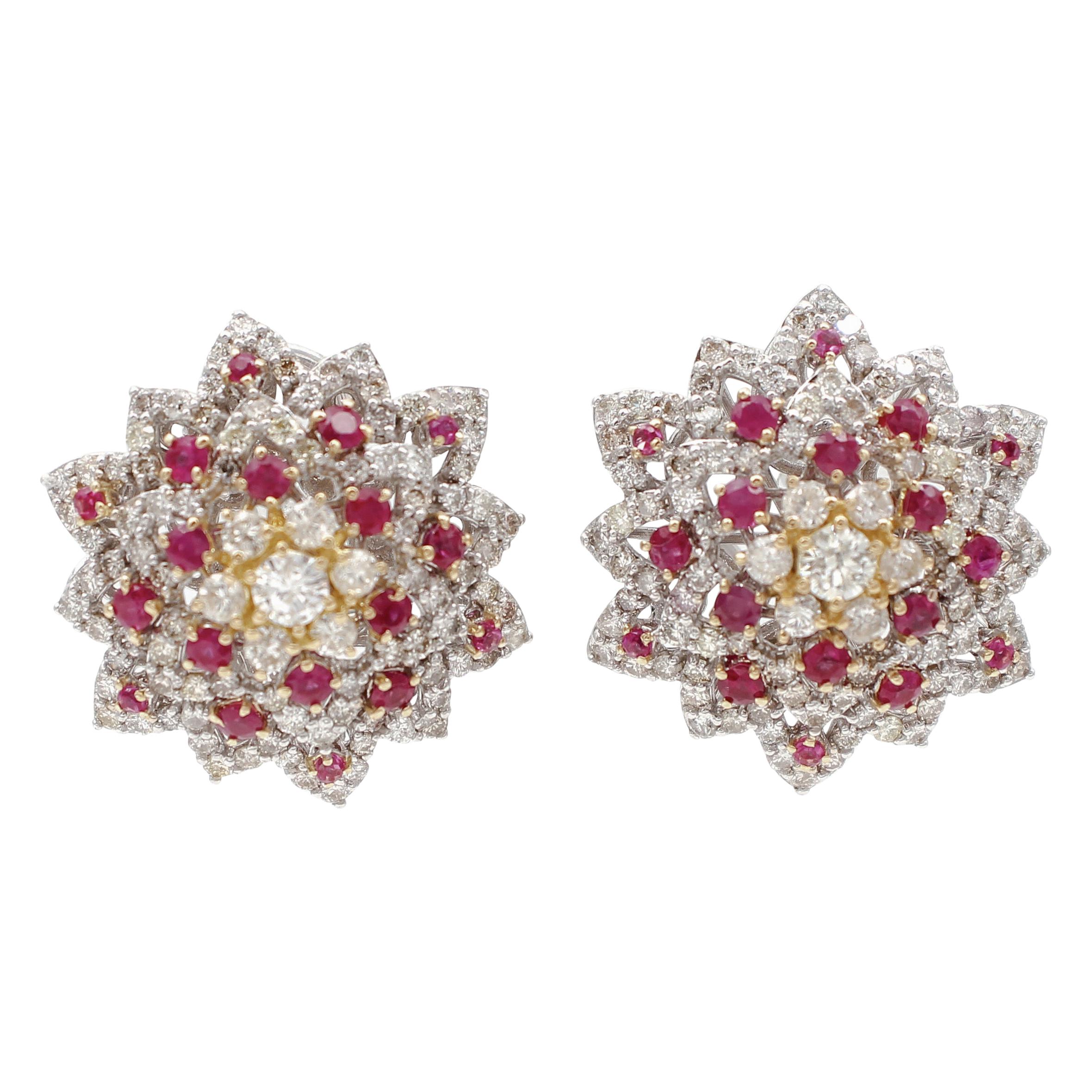 Diamonds and Rubies, 18kt White/Yellow Gold Flower/Star Design Clip-On Earrings For Sale