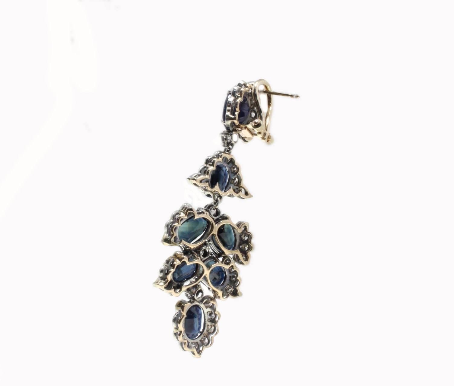 Retro Diamonds and Sapphires Chandelier Rose Gold and Silver Earrings