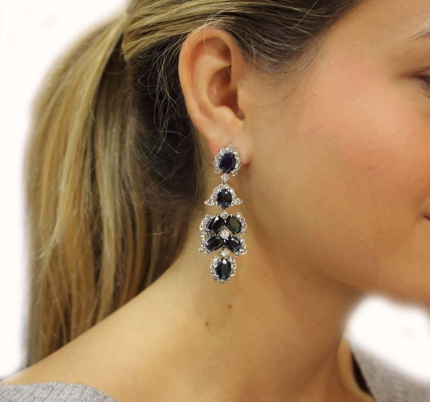 Brilliant Cut Diamonds and Sapphires Chandelier Rose Gold and Silver Earrings