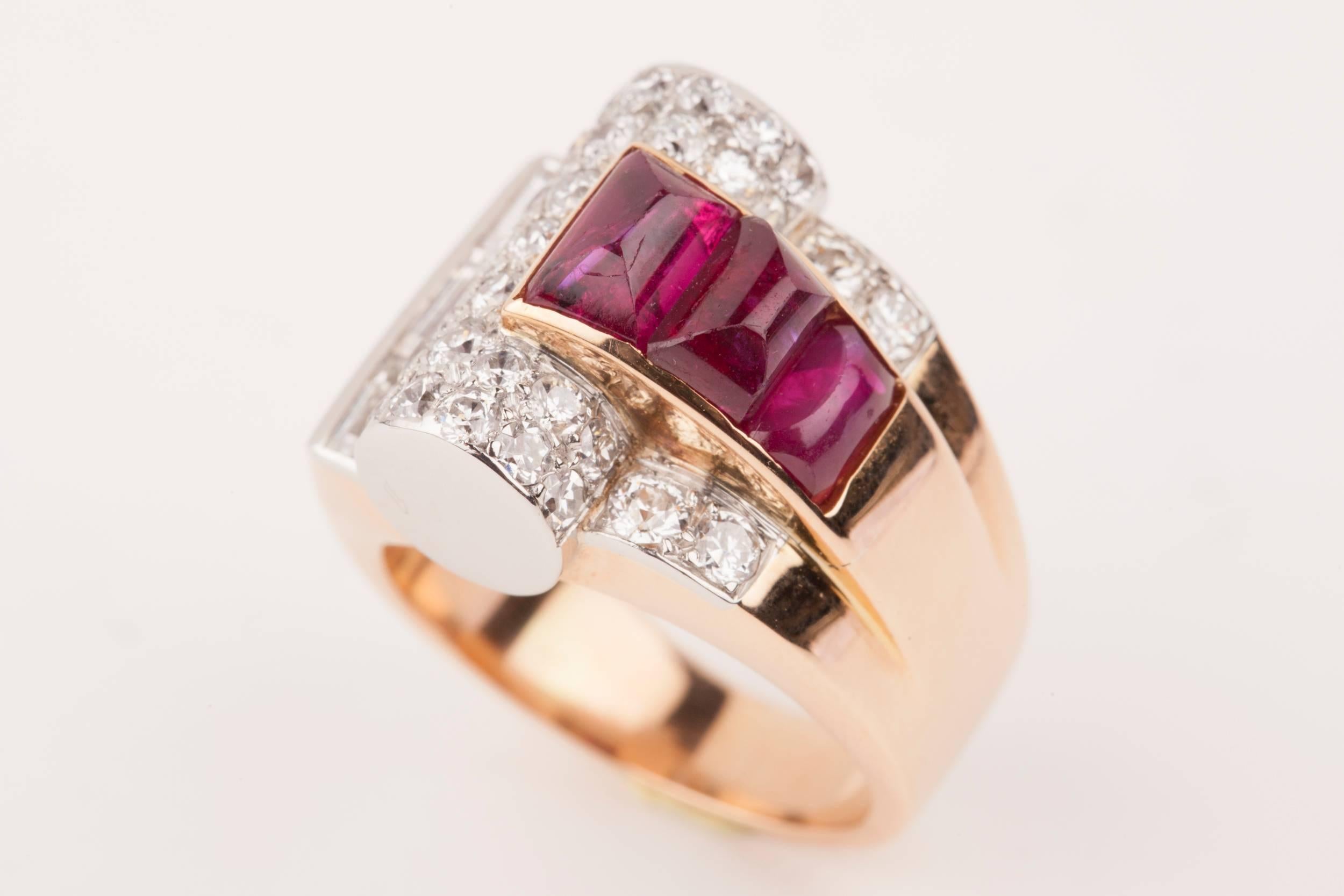 Diamonds and Rubies French Art Deco Cocktail Ring 3