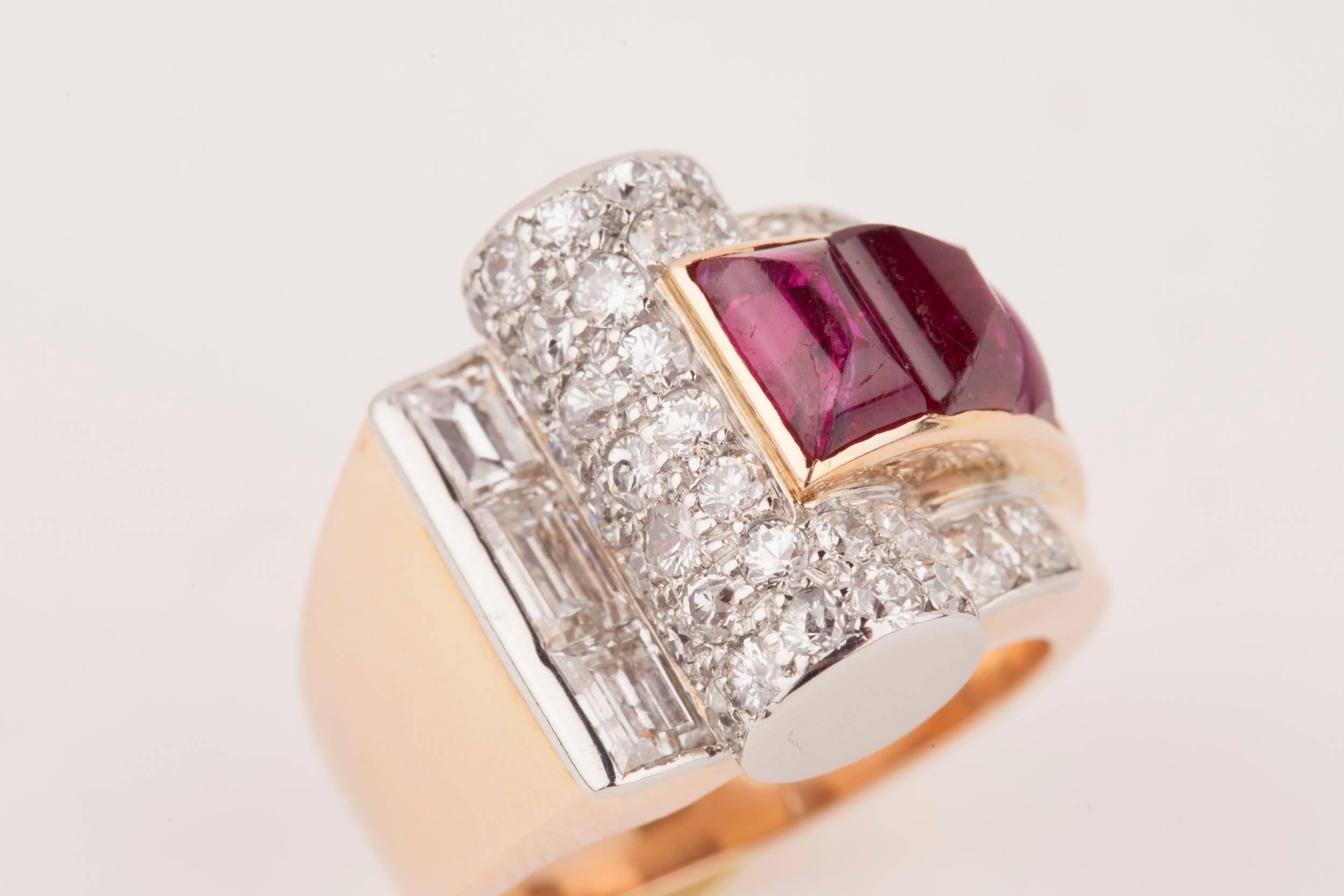 Diamonds and Rubies French Art Deco Cocktail Ring 4