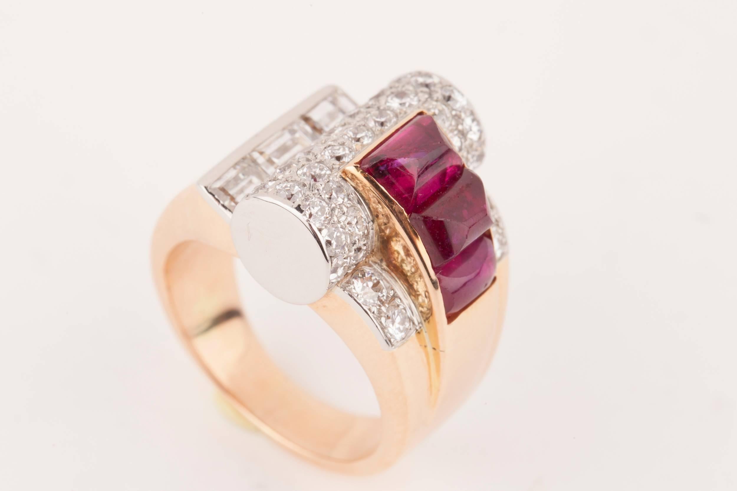 Diamonds and Rubies French Art Deco Cocktail Ring 5