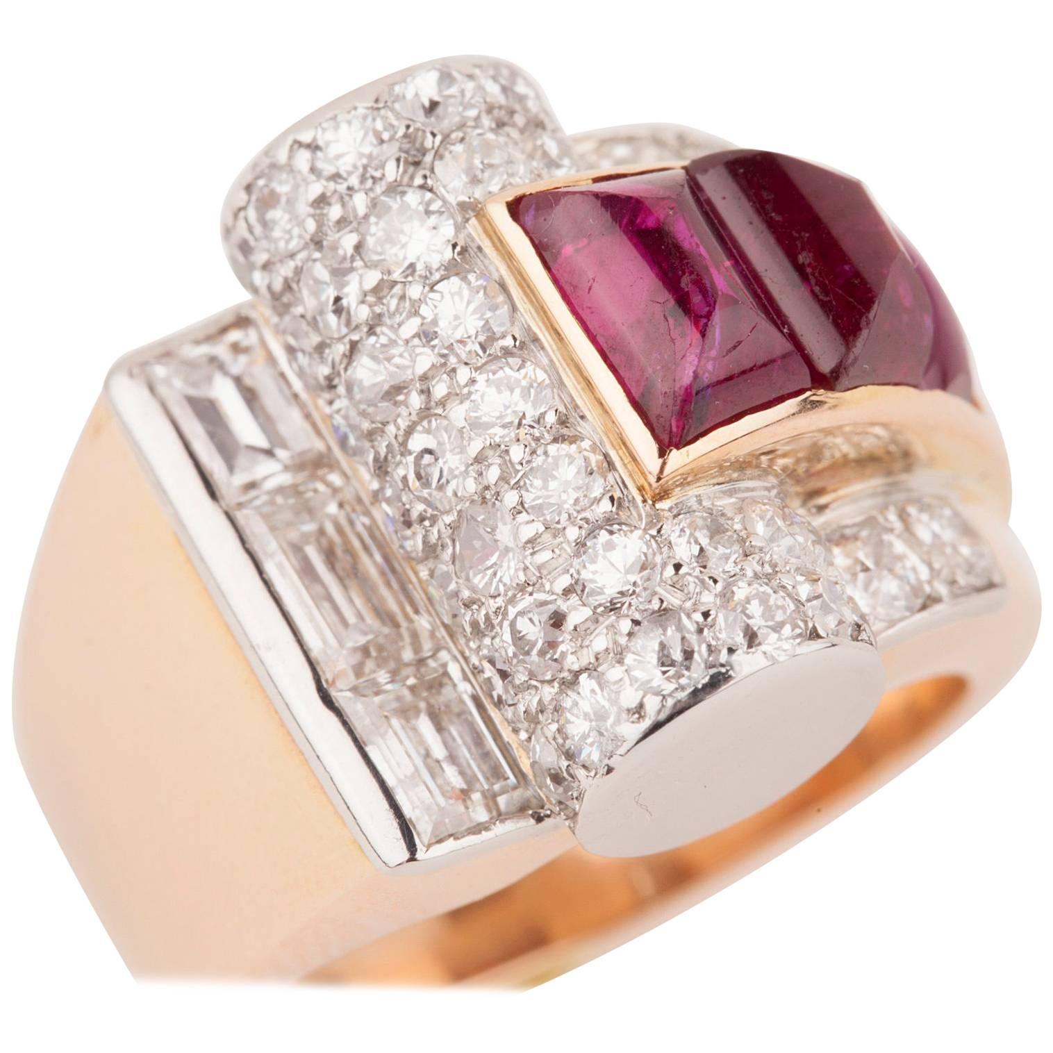 Diamonds and Rubies French Art Deco Cocktail Ring