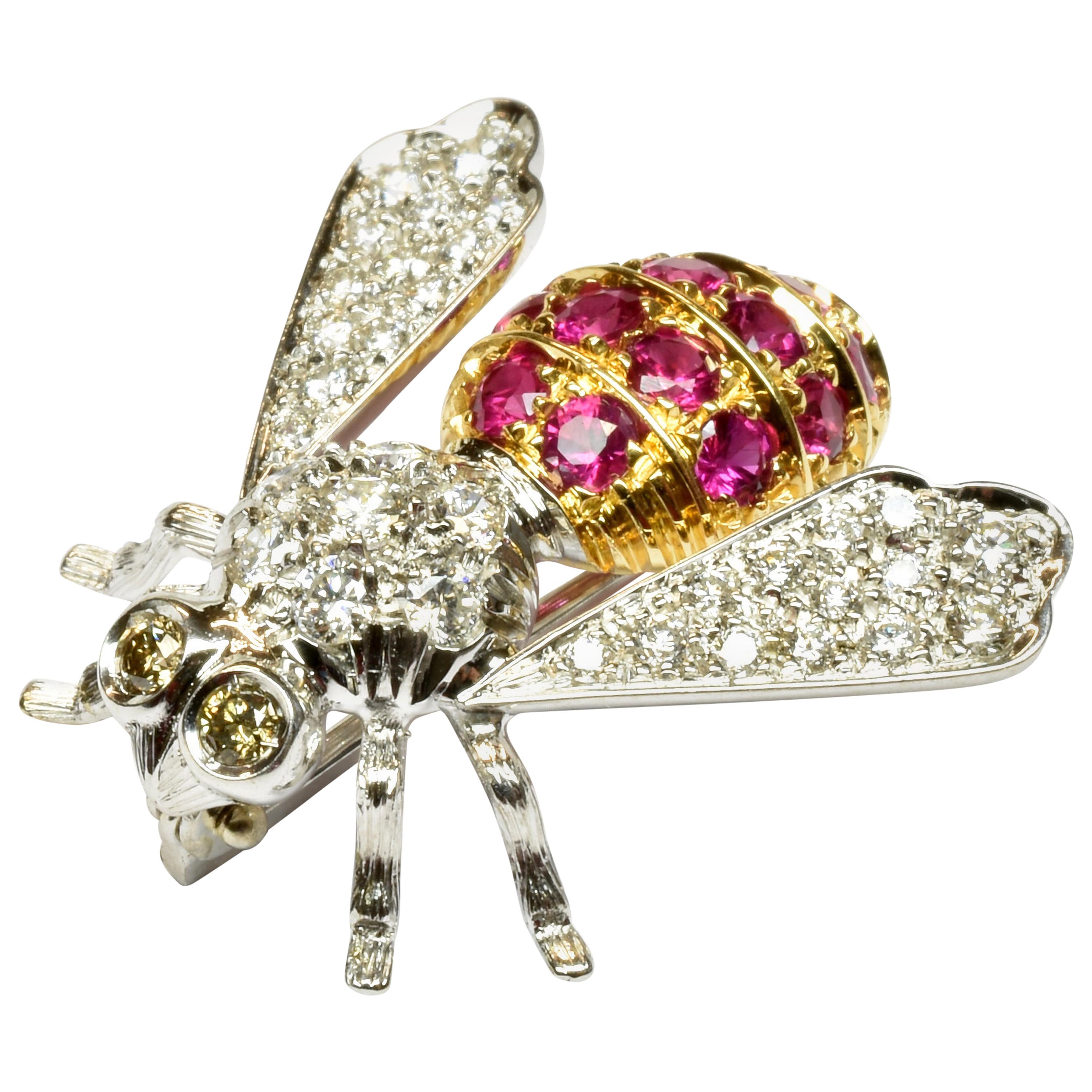 Diamonds and Rubies Gold Bee Brooch Made in Italy