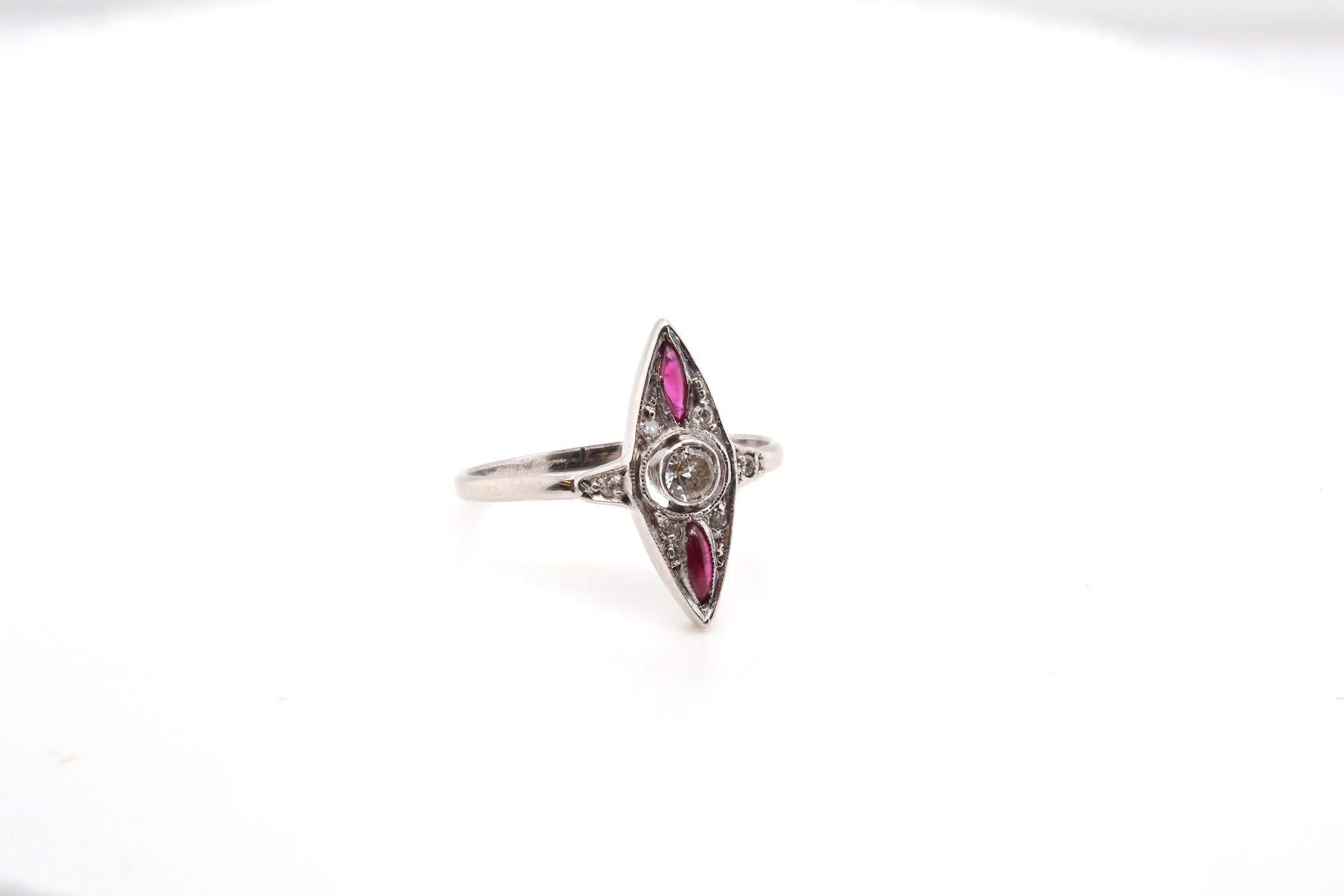 Old European Cut Diamonds and rubies marquise ring in gold and silver For Sale