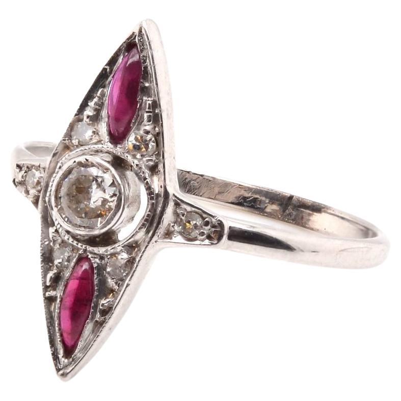 Diamonds and rubies marquise ring in gold and silver For Sale