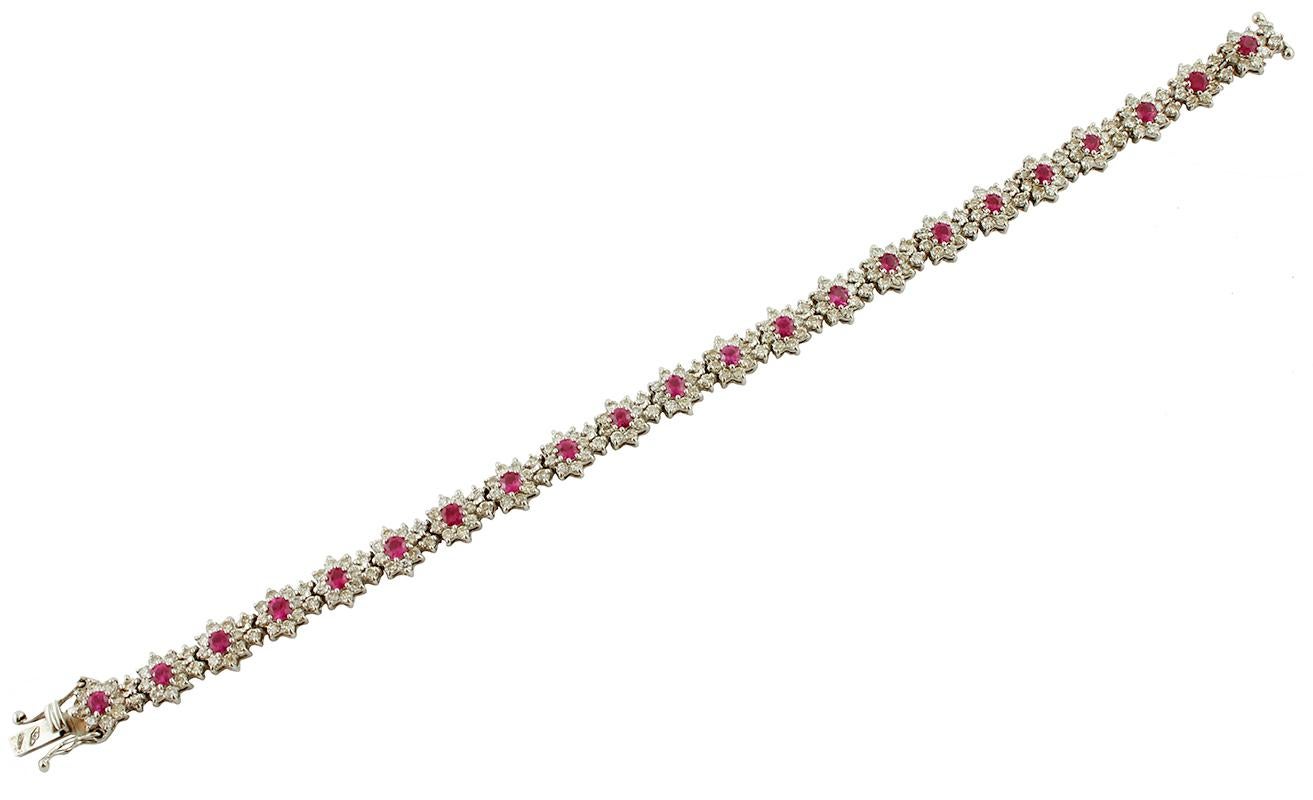 Retro Diamonds and Rubies, White Gold Link Bracelet For Sale