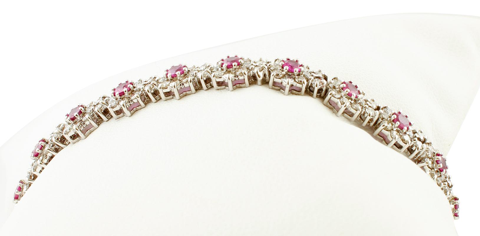 Round Cut Diamonds and Rubies, White Gold Link Bracelet For Sale