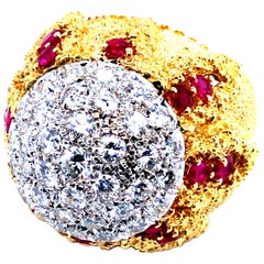 Diamonds and Ruby 18 Karat Domed Cocktail Ring, circa 1960