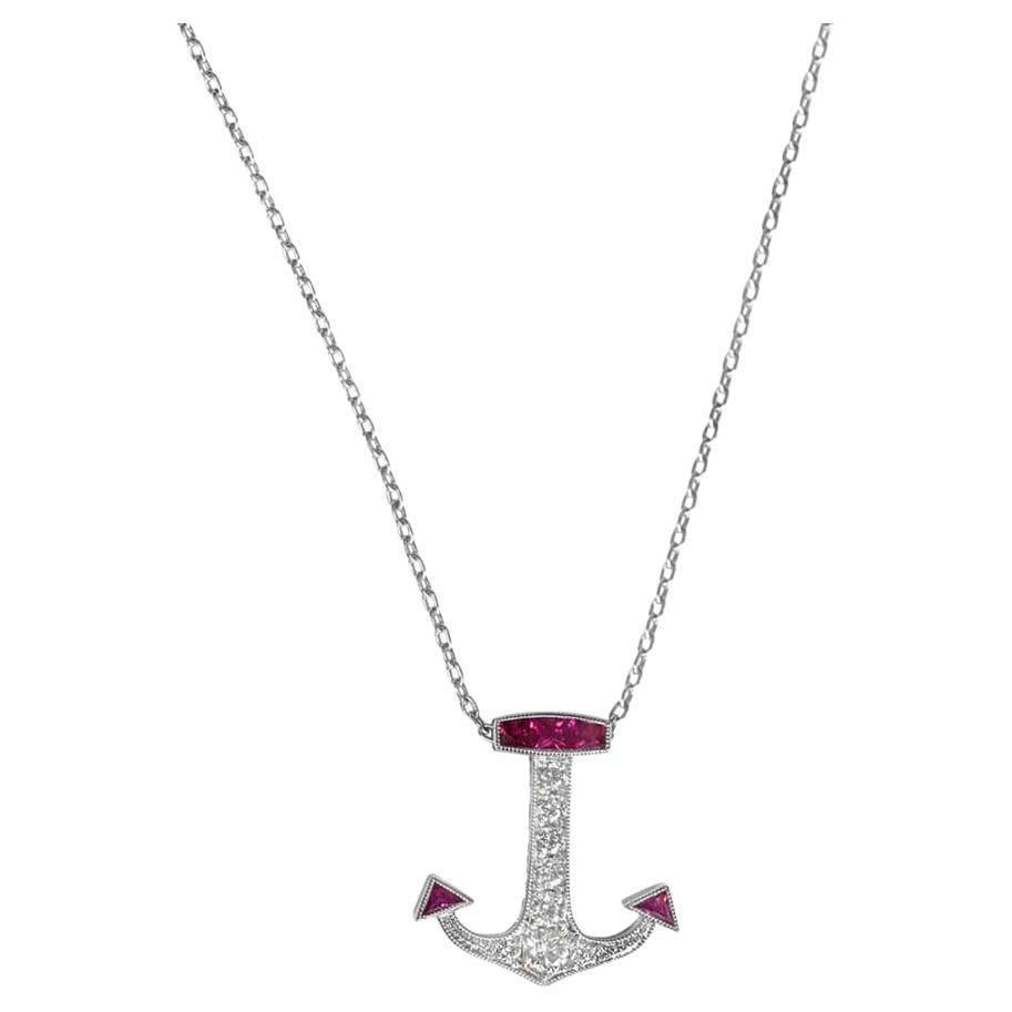 Diamonds and Ruby Anchor Pendant Necklace, Platinum For Sale