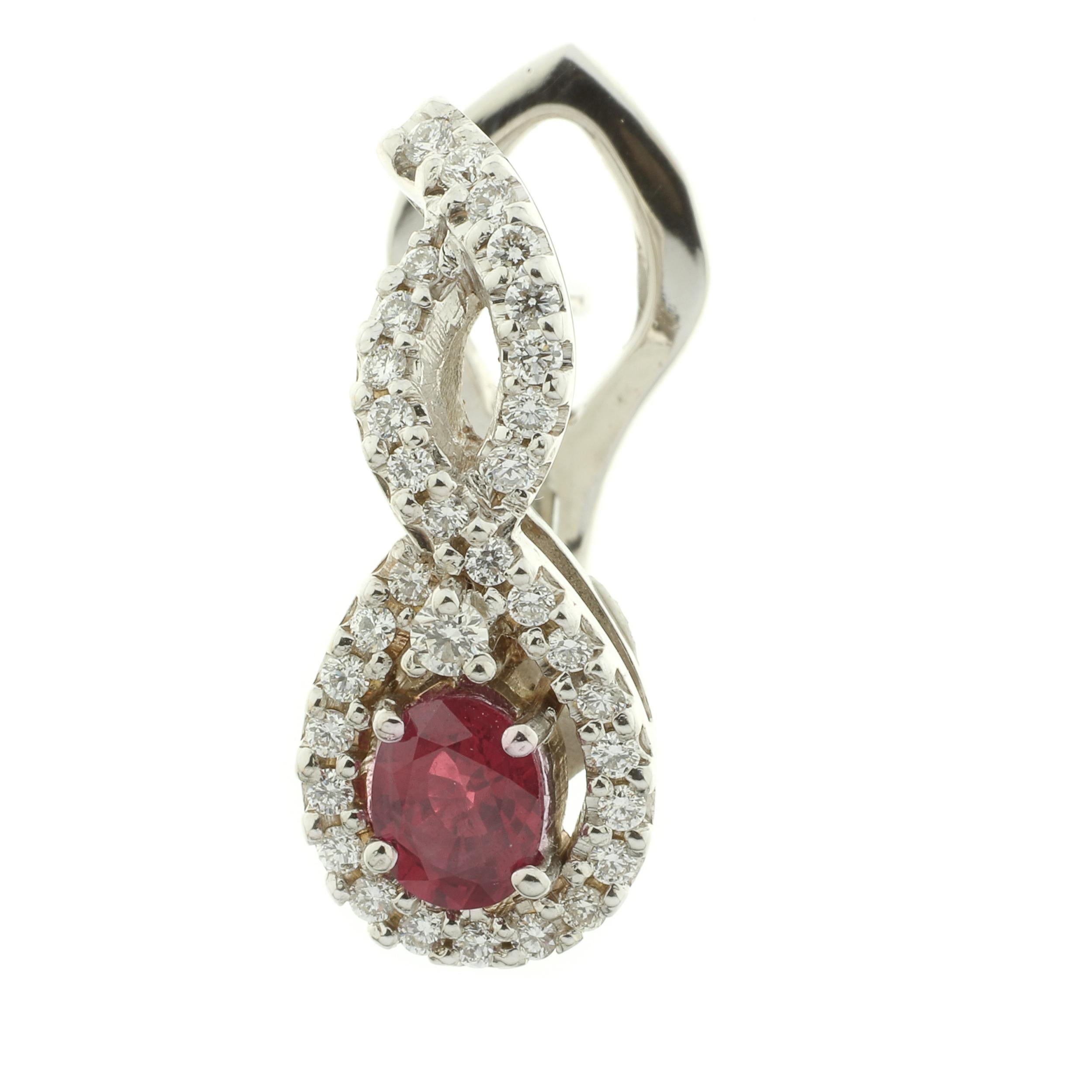 Modern Contemporary 18 Karat White Gold Diamond and Ruby Drop Post and Clip Earrings  For Sale