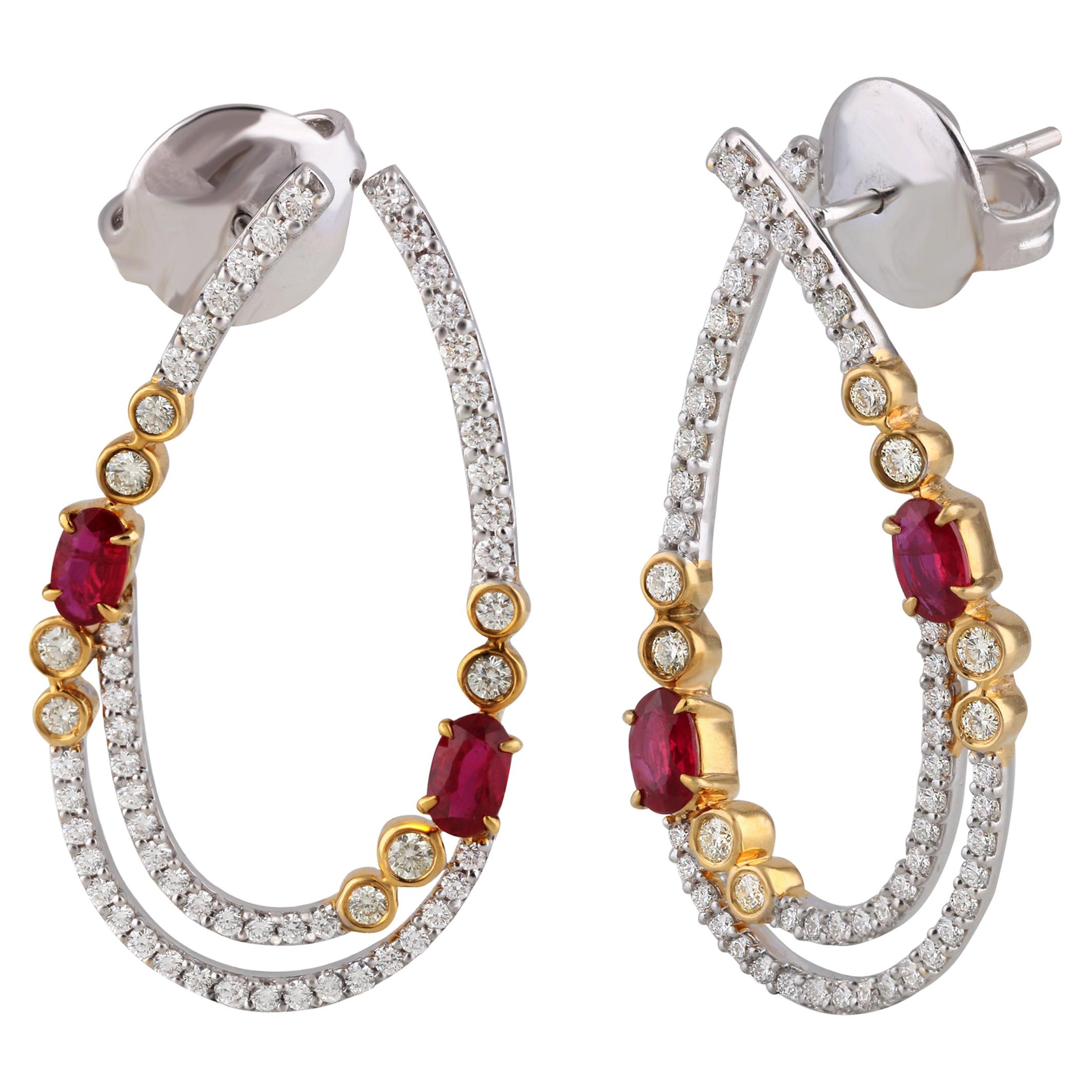 Studio Rêves Diamonds and Ruby Hoop Earrings in 18 Karat Gold For Sale