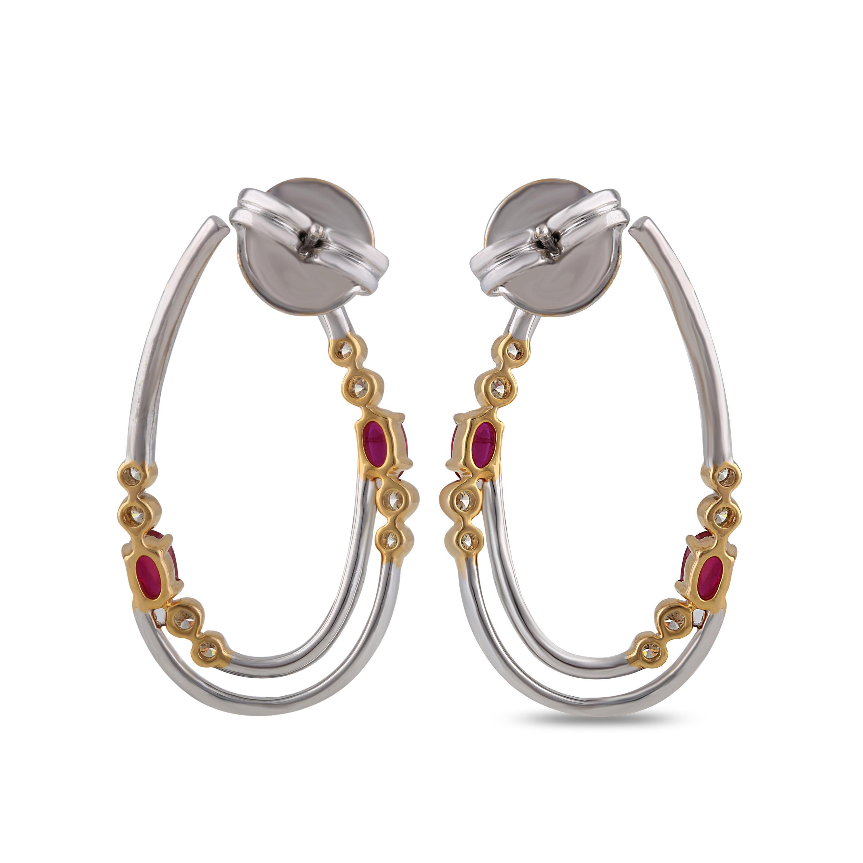 Round Cut Studio Rêves Diamonds and Ruby Hoop Earrings in 18 Karat Gold For Sale