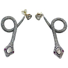 Antique Diamonds and Ruby Snake Hanging Earrings 2.20 Carat