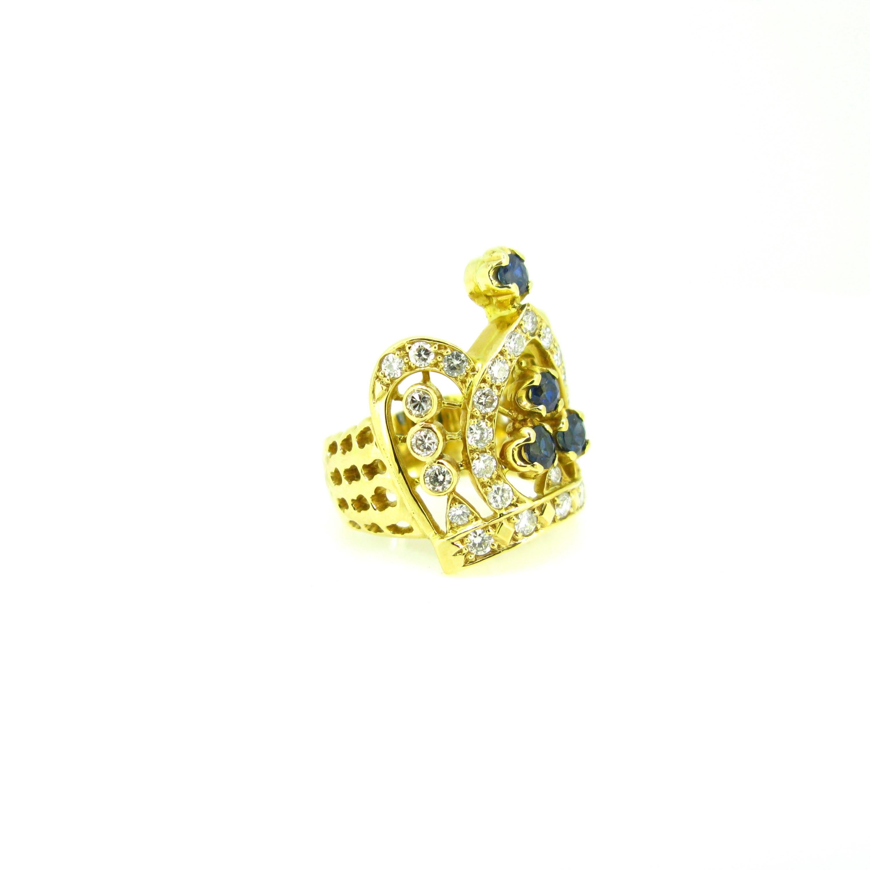 Modern Diamonds and Sapphires Crown Yellow Gold Fashion Ring