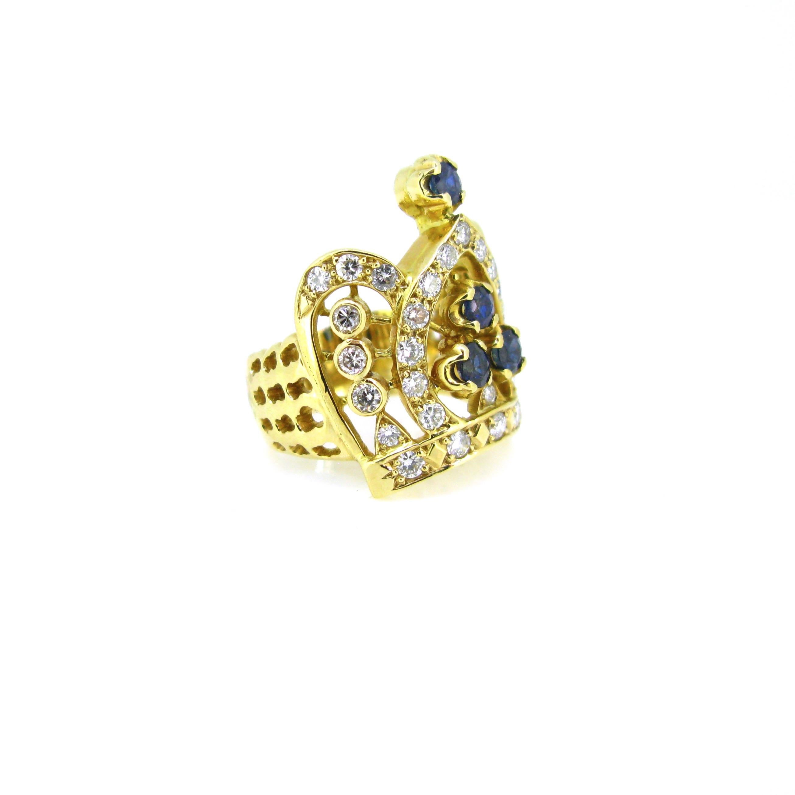 Round Cut Diamonds and Sapphires Crown Yellow Gold Fashion Ring