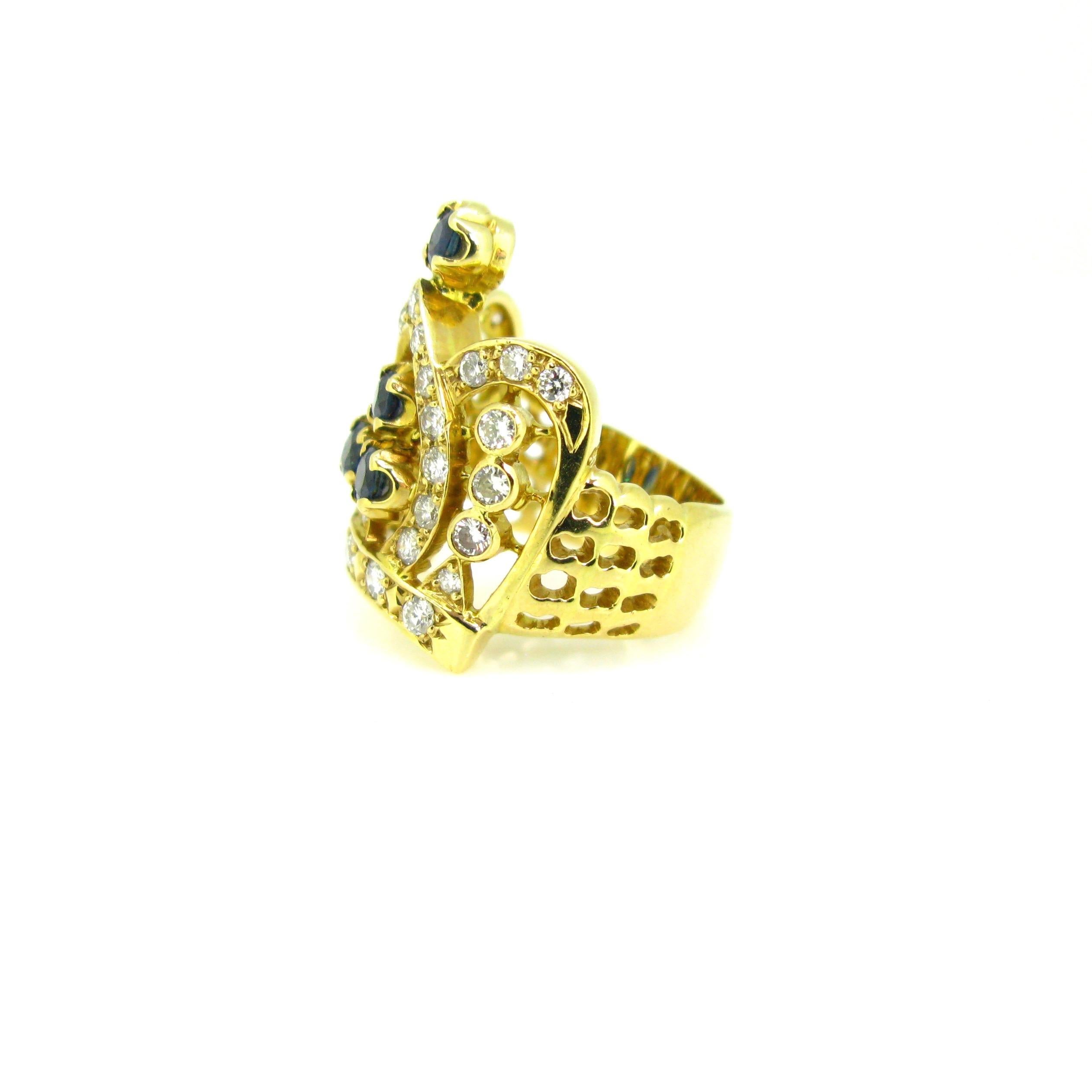 Women's or Men's Diamonds and Sapphires Crown Yellow Gold Fashion Ring