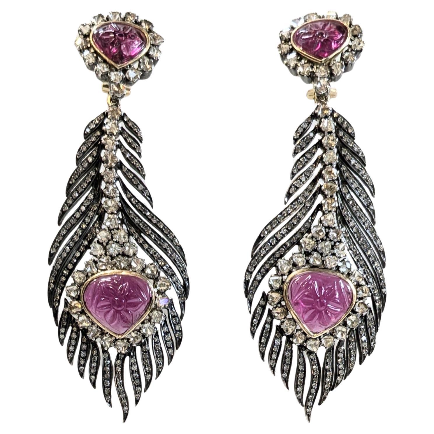 Diamonds and Sapphires Earrings  Mounted in 14k Gold and Silver