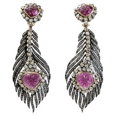 Boucles d'oreilles diamants et saphirs  Monté en or 14k et en argent