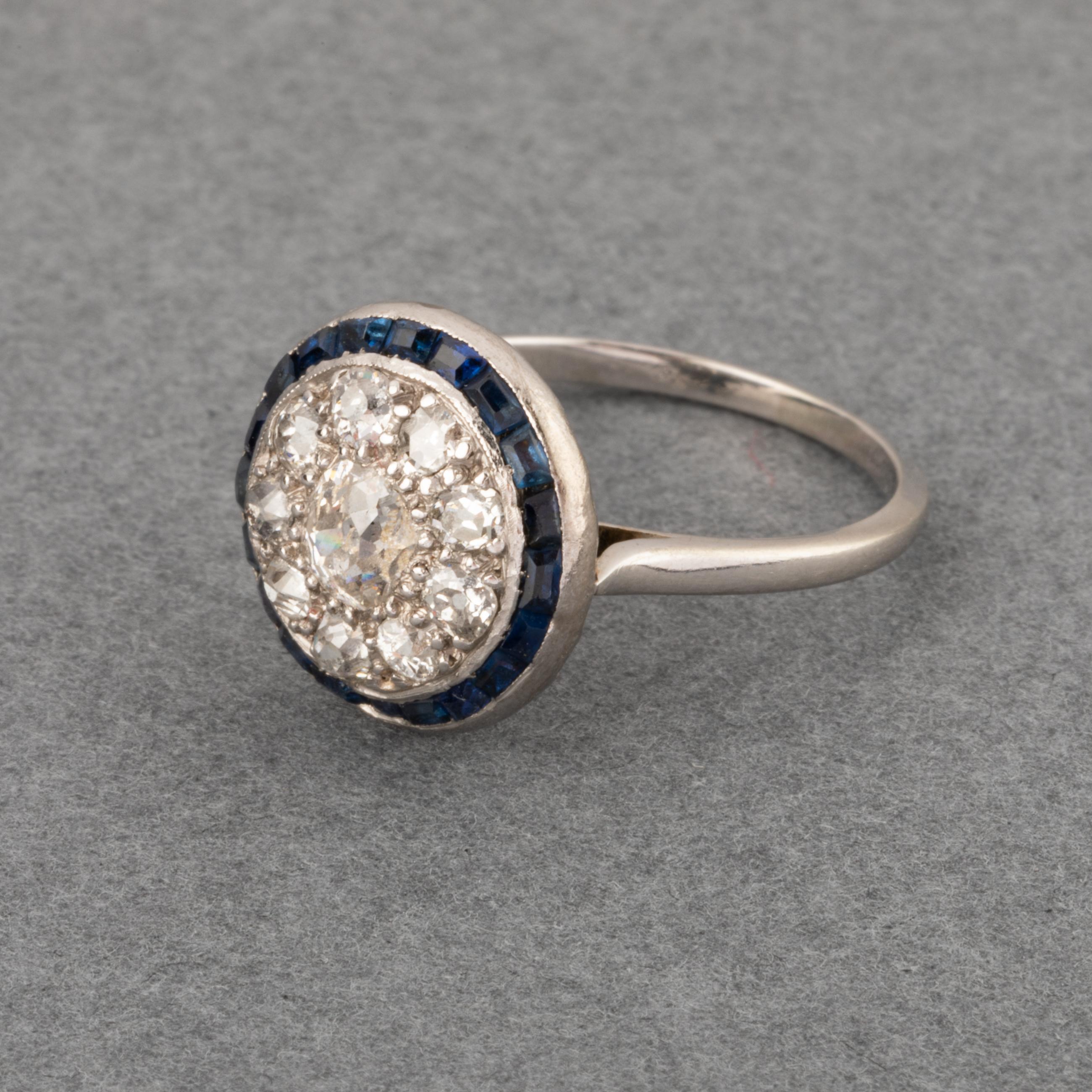 Round Cut Diamonds and Sapphires French Antique Ring