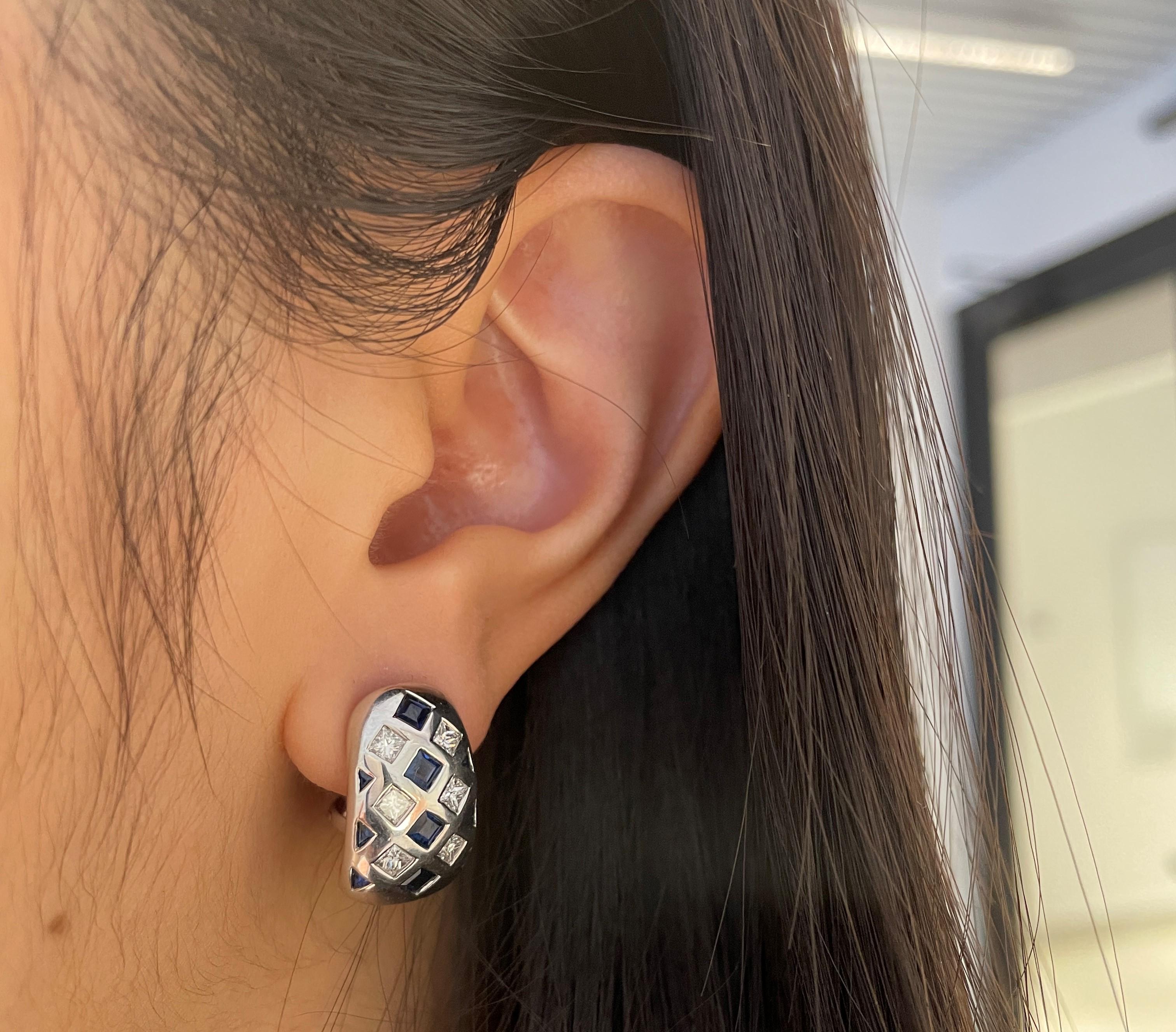 Those Omega Clip Earrings crafted in Platinum features 12 princess cut diamonds for a total weight of 0.89-carat and 8 Princess cut blue sapphires for a total weight of 1.48-carat.

Those earrings are stamped 'PT950'

Type: Omega Clip
