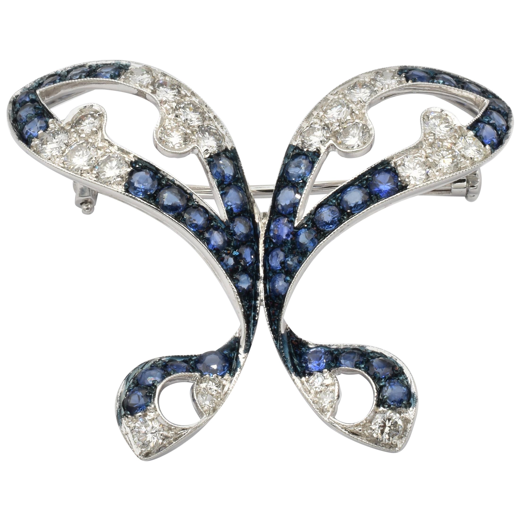 Diamonds and Sapphires White Gold Butterfly Brooch, Italy