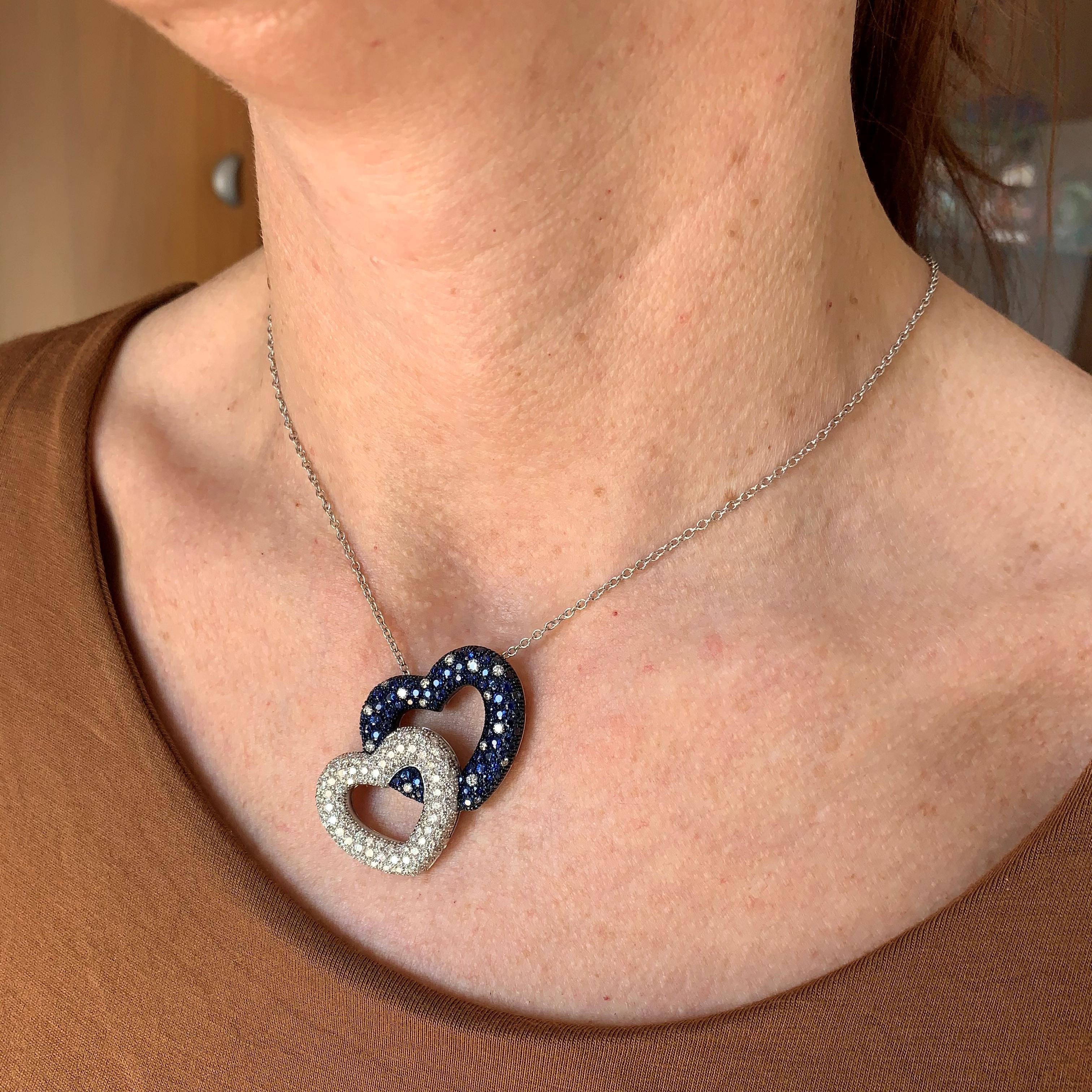 Round Cut Diamonds and Sapphires White Gold Heart Pendant Necklace, Made in Italy For Sale