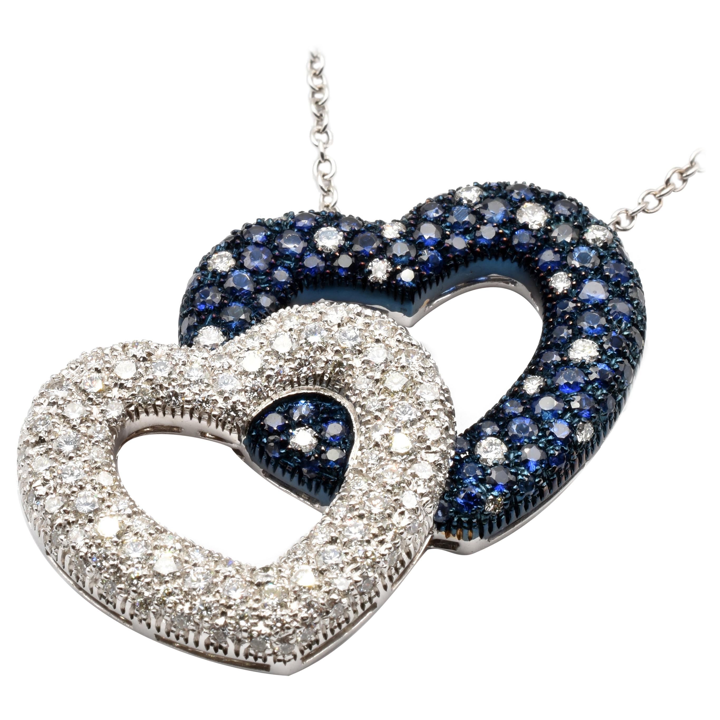 Diamonds and Sapphires White Gold Heart Pendant Necklace, Made in Italy
