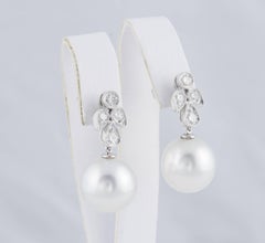 Diamonds and South Sea Pearl Dangling Leaf Earrings
