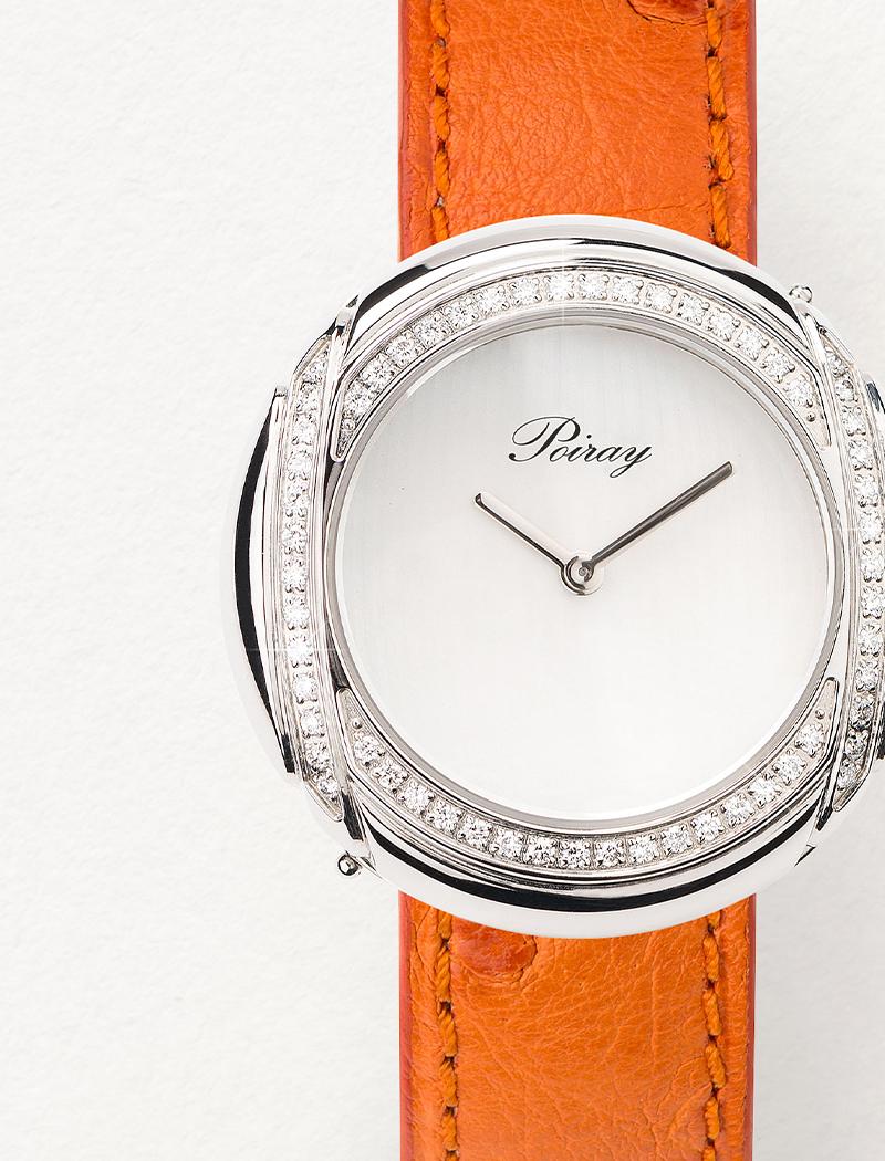Modern Diamonds and Steel Watch, Orange Ostrich Skin Strap, Rive Droite Collection For Sale