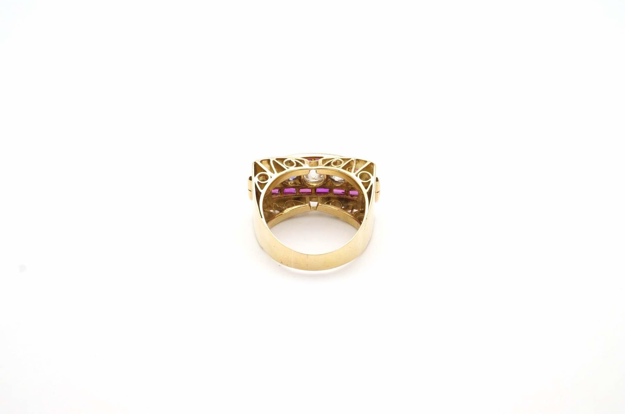 Women's or Men's Diamonds and synthetic rubies ring in 18k gold and platinum For Sale