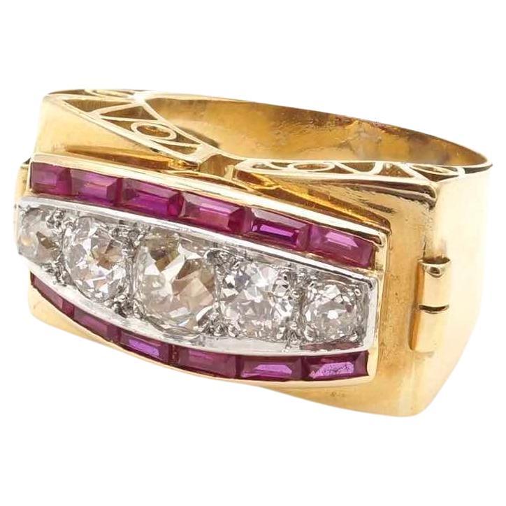 Diamonds and synthetic rubies ring in 18k gold and platinum For Sale