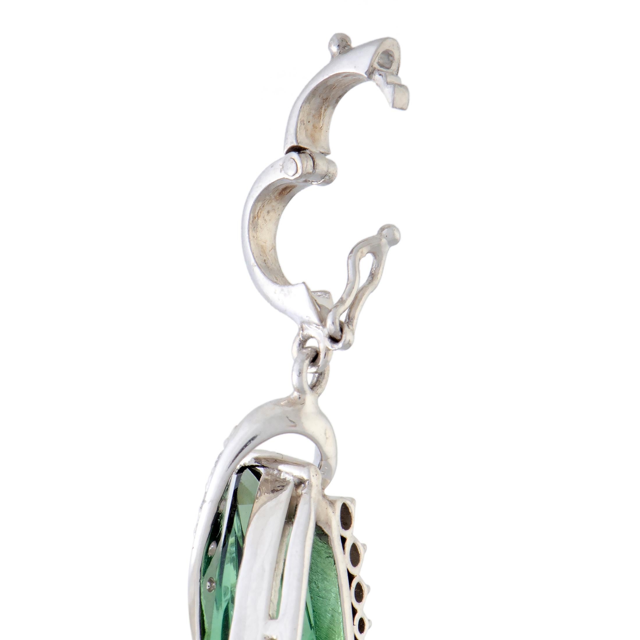 Women's Diamonds and Teardrop Green Tourmaline Long Platinum Pendant