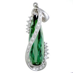 Diamonds and Teardrop Green Tourmaline Long Platinum Pendant