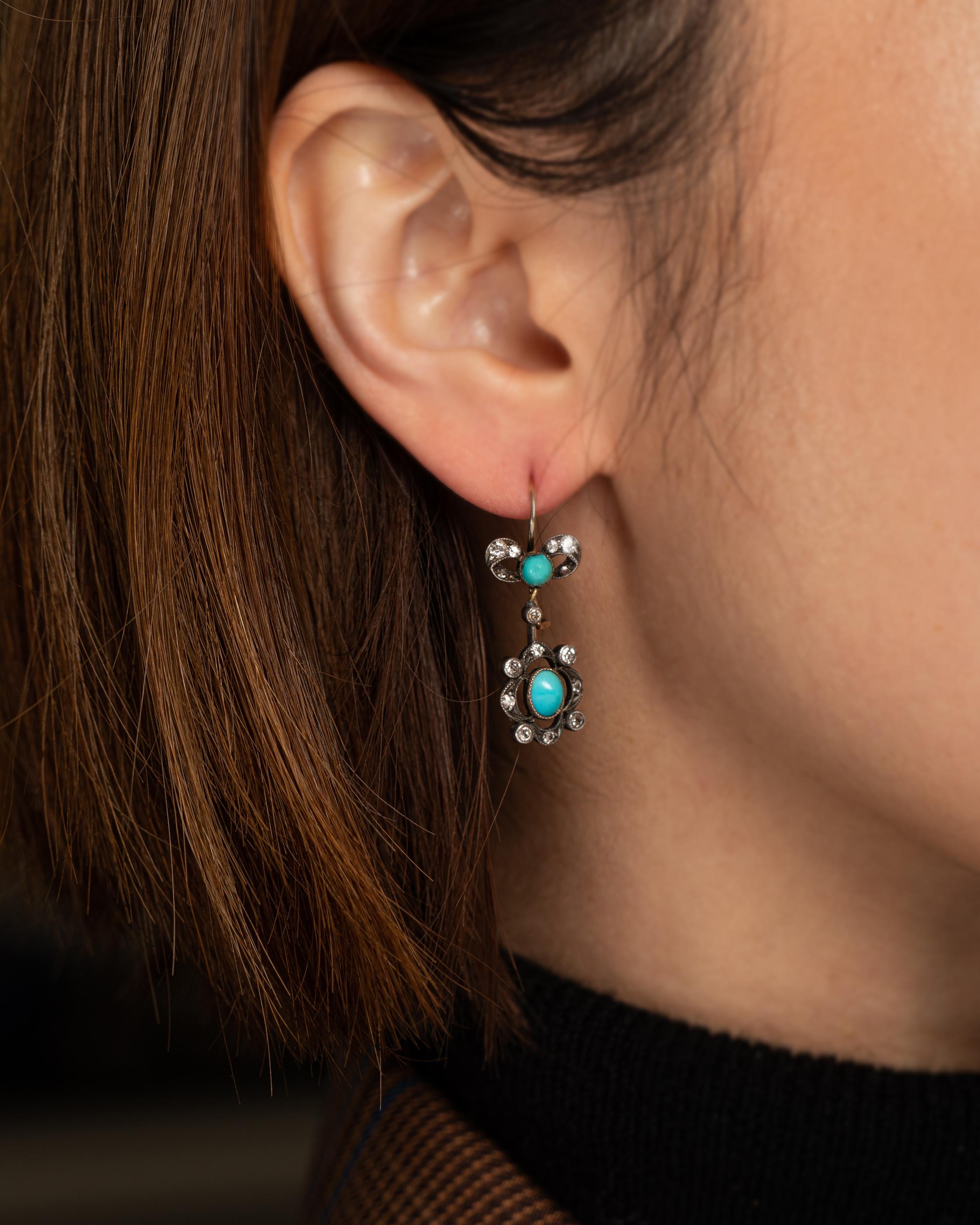 Old Mine Cut Diamonds and Turquoises 19th Century Earrings For Sale