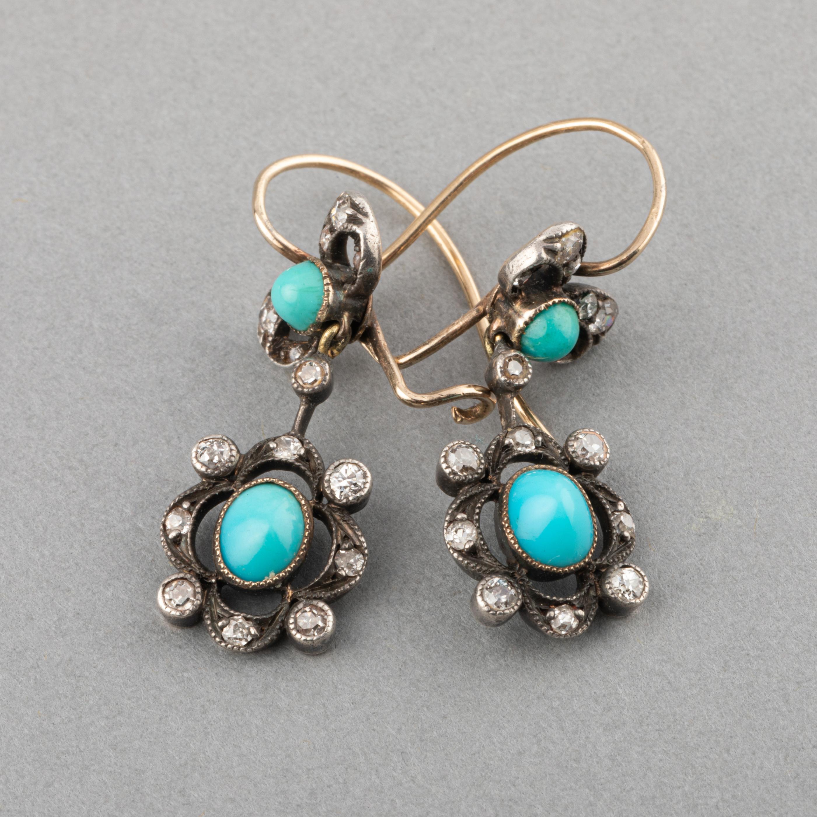 Diamonds and Turquoises 19th Century Earrings In Good Condition For Sale In Saint-Ouen, FR