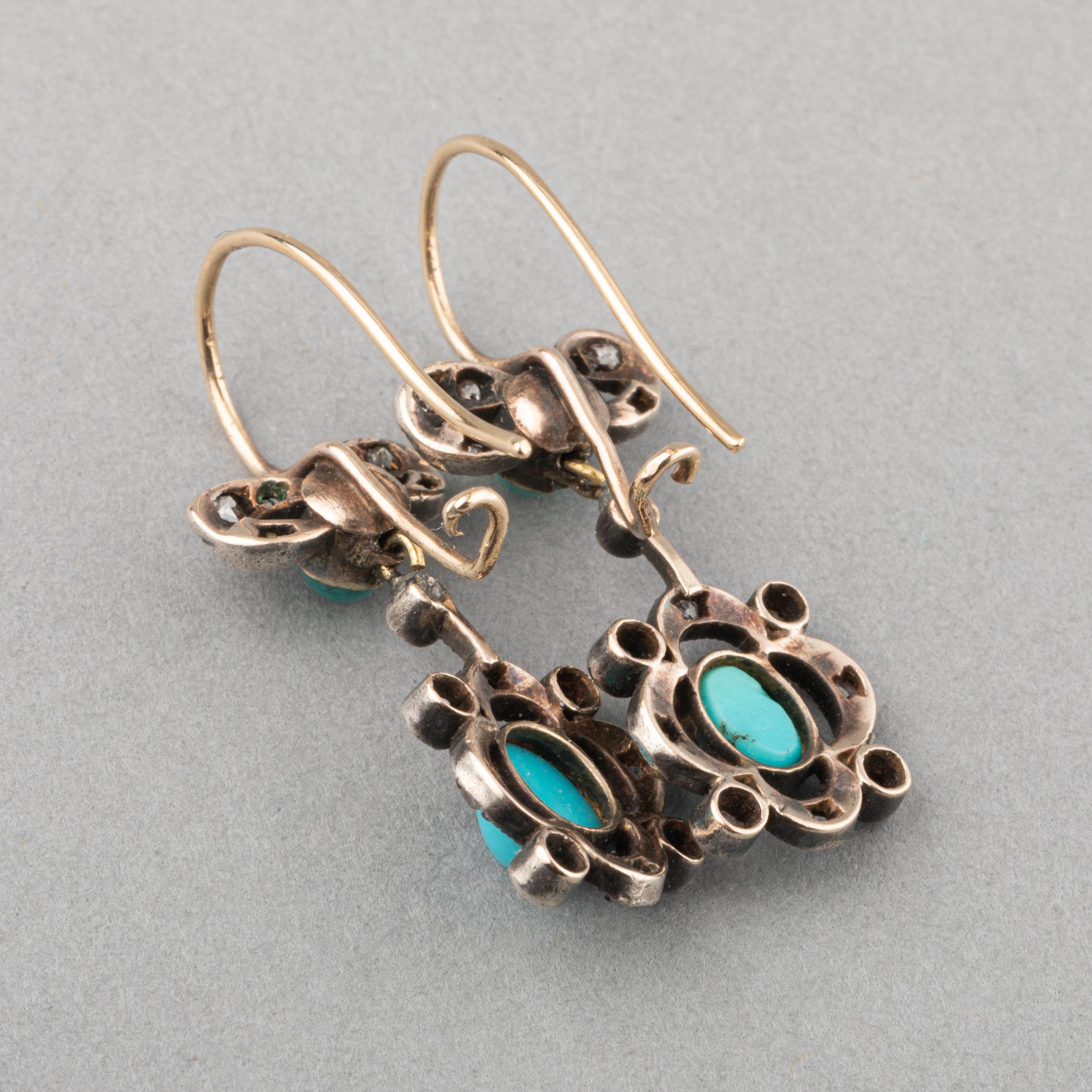 Women's Diamonds and Turquoises 19th Century Earrings For Sale