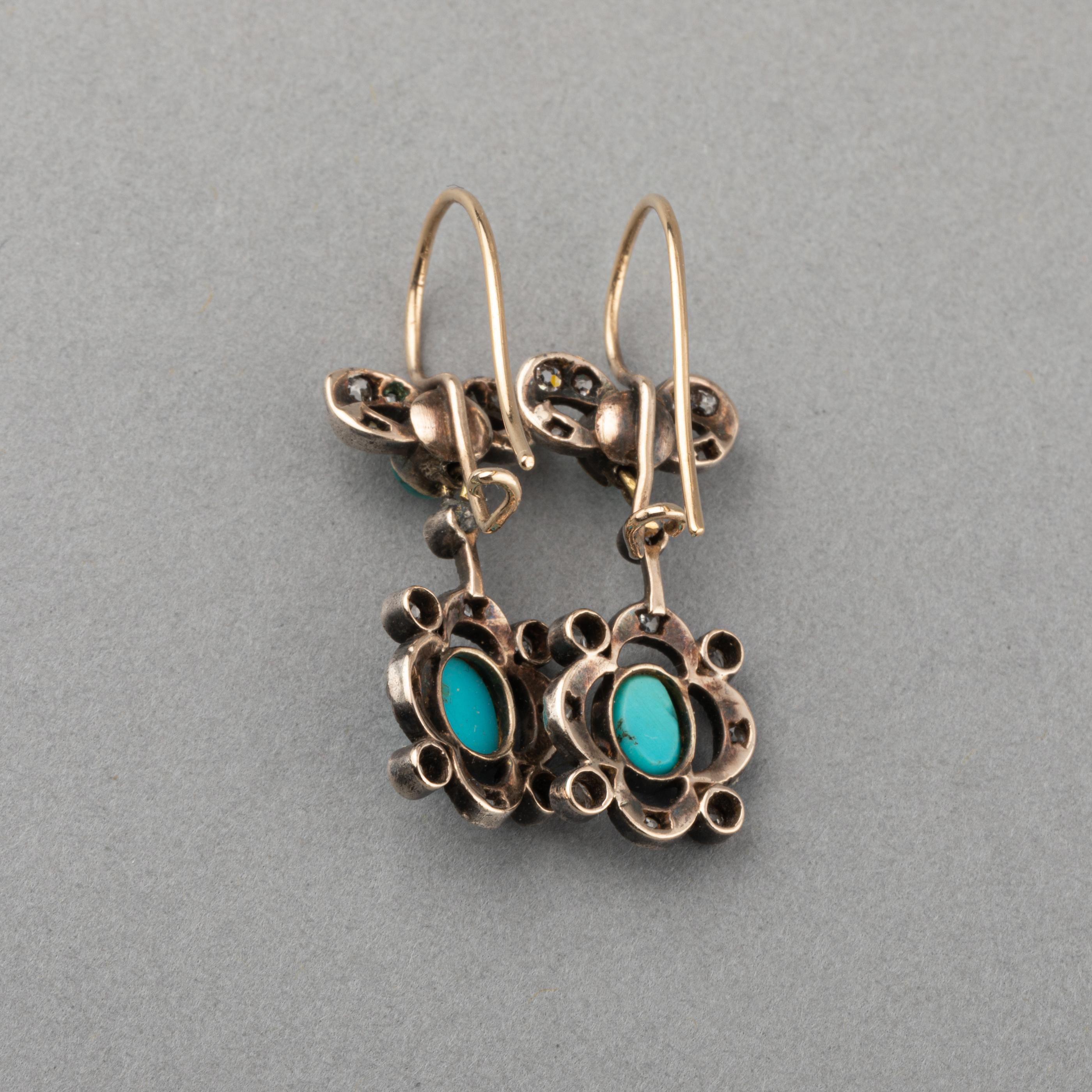 Diamonds and Turquoises 19th Century Earrings For Sale 1