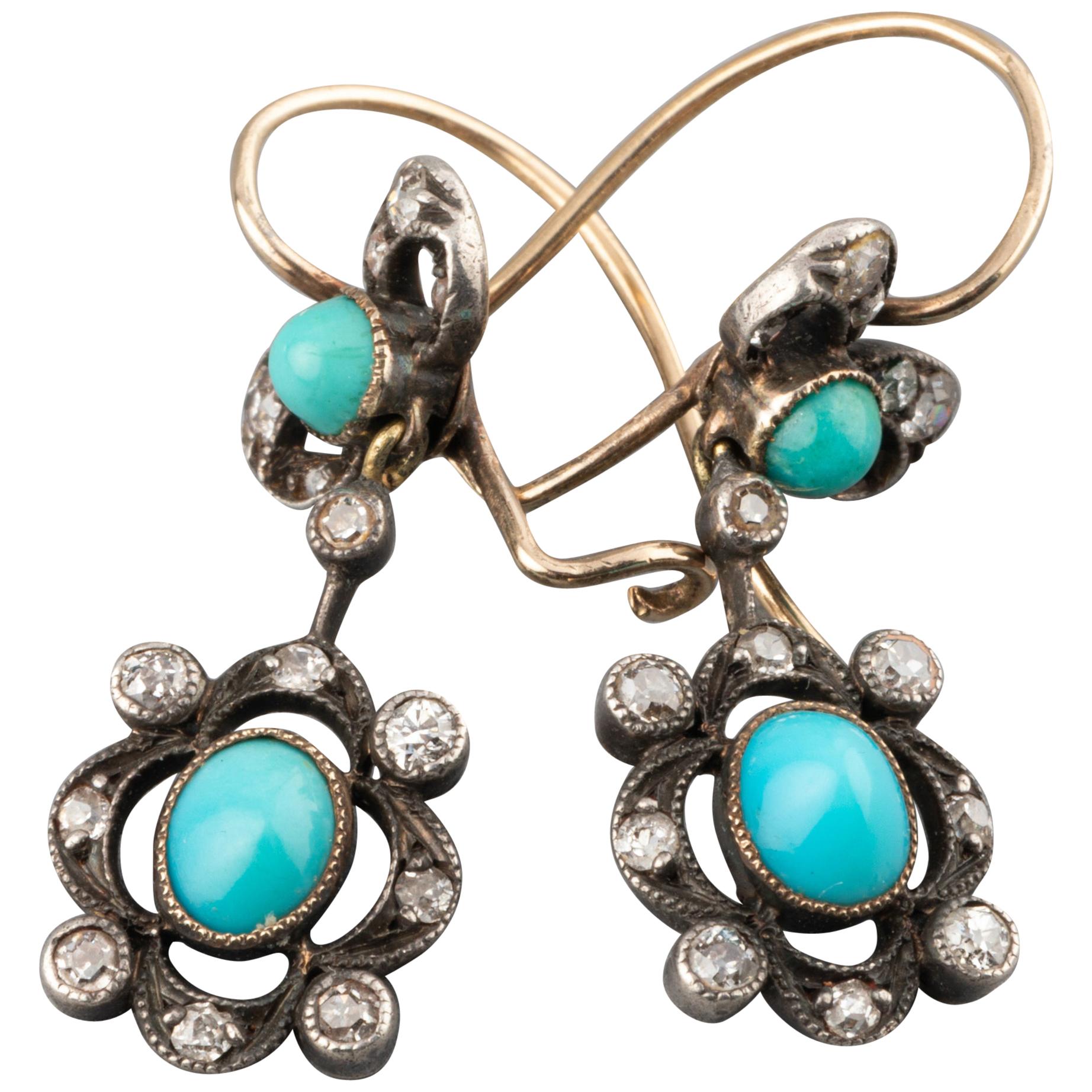 Diamonds and Turquoises 19th Century Earrings For Sale