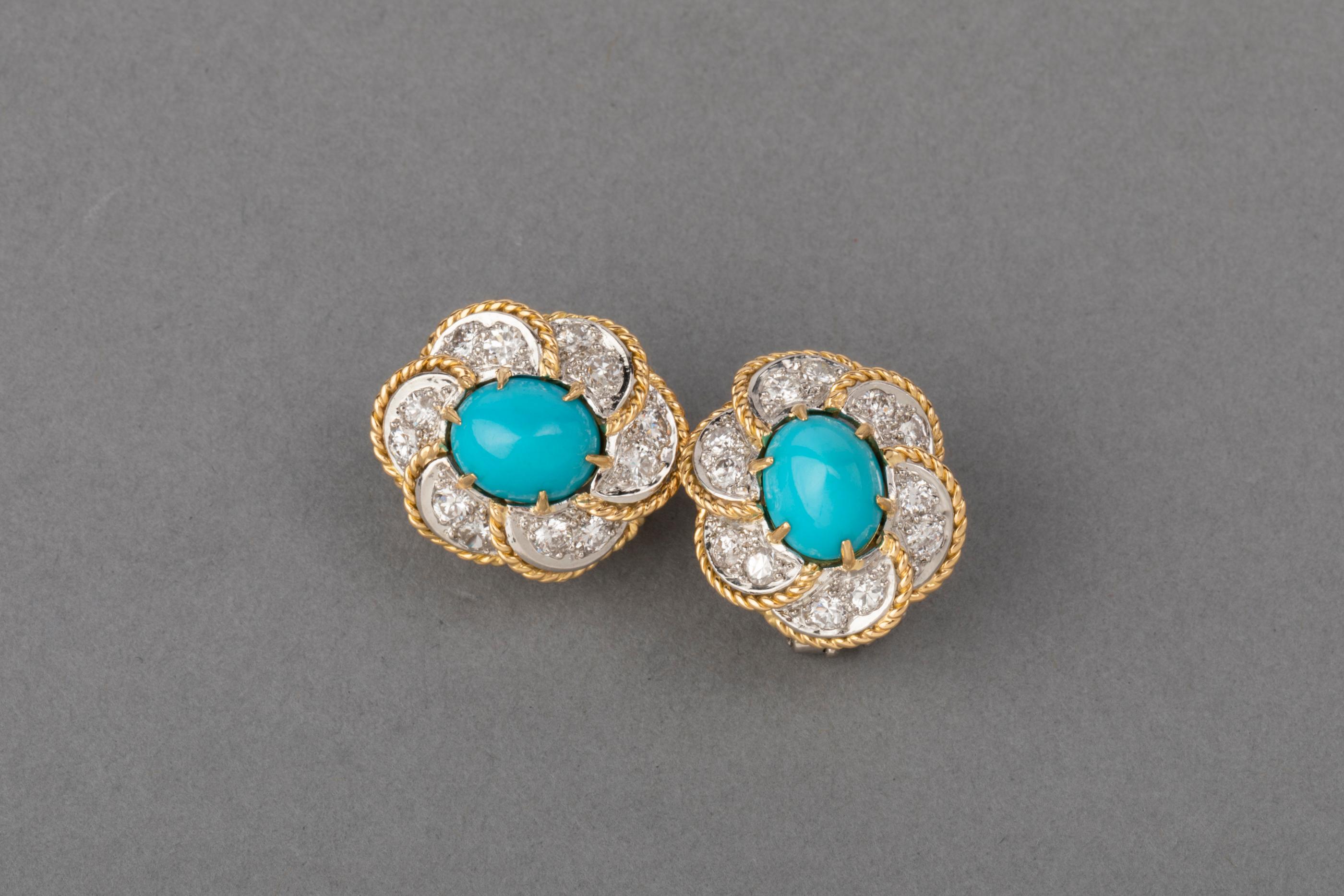 Diamonds and Turquoises French Set In Good Condition In Saint-Ouen, FR