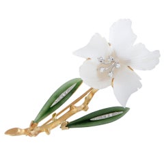 Vintage Diamonds and White and Green Crystal Orchid Flower Yellow Gold Brooch
