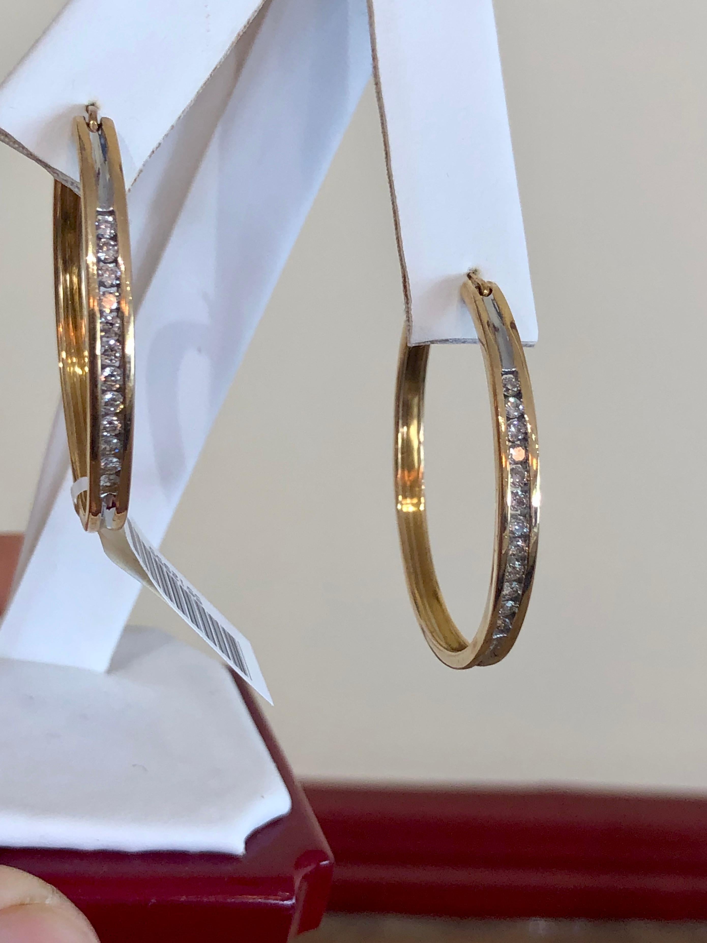 Women's or Men's Diamonds and Yellow Gold 14 Karat Hoop Earrings