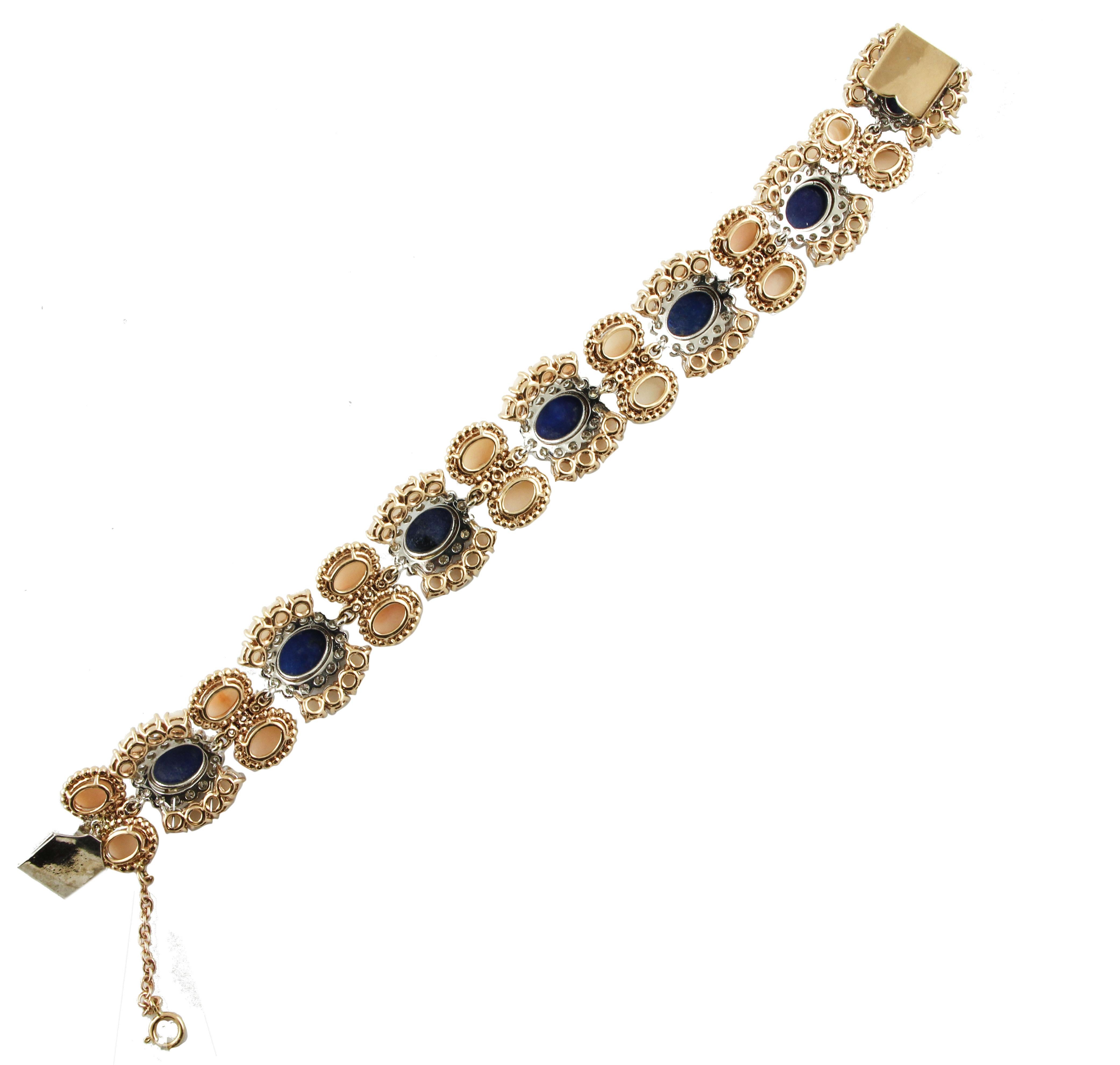 Brilliant Cut Diamonds,  Pink Corals, Lapis, 14 Karat White Gold Link Bracelet