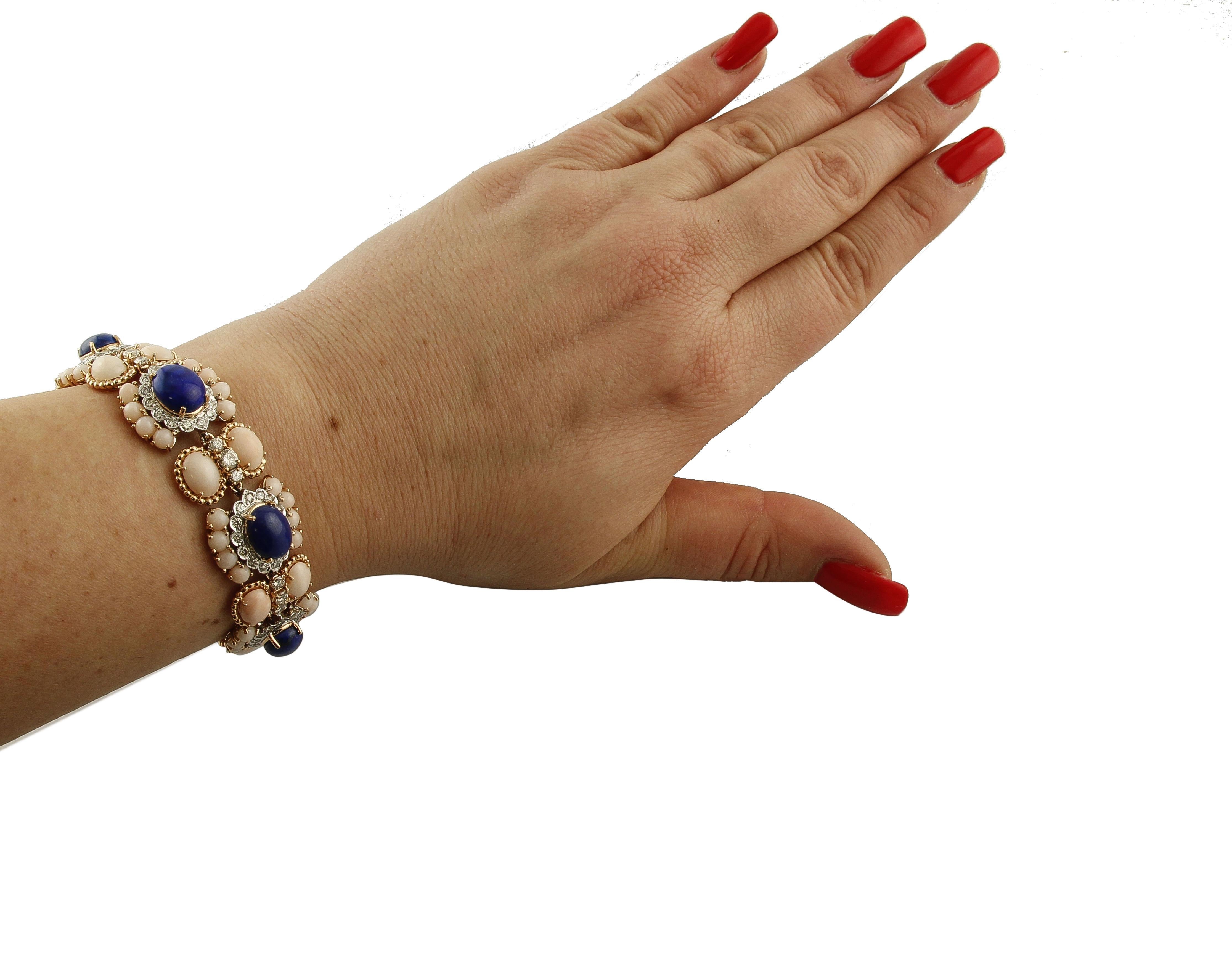 Women's Diamonds,  Pink Corals, Lapis, 14 Karat White Gold Link Bracelet