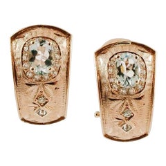 Diamonds, Aquamarine, 14 karat Rose Gold Earrings