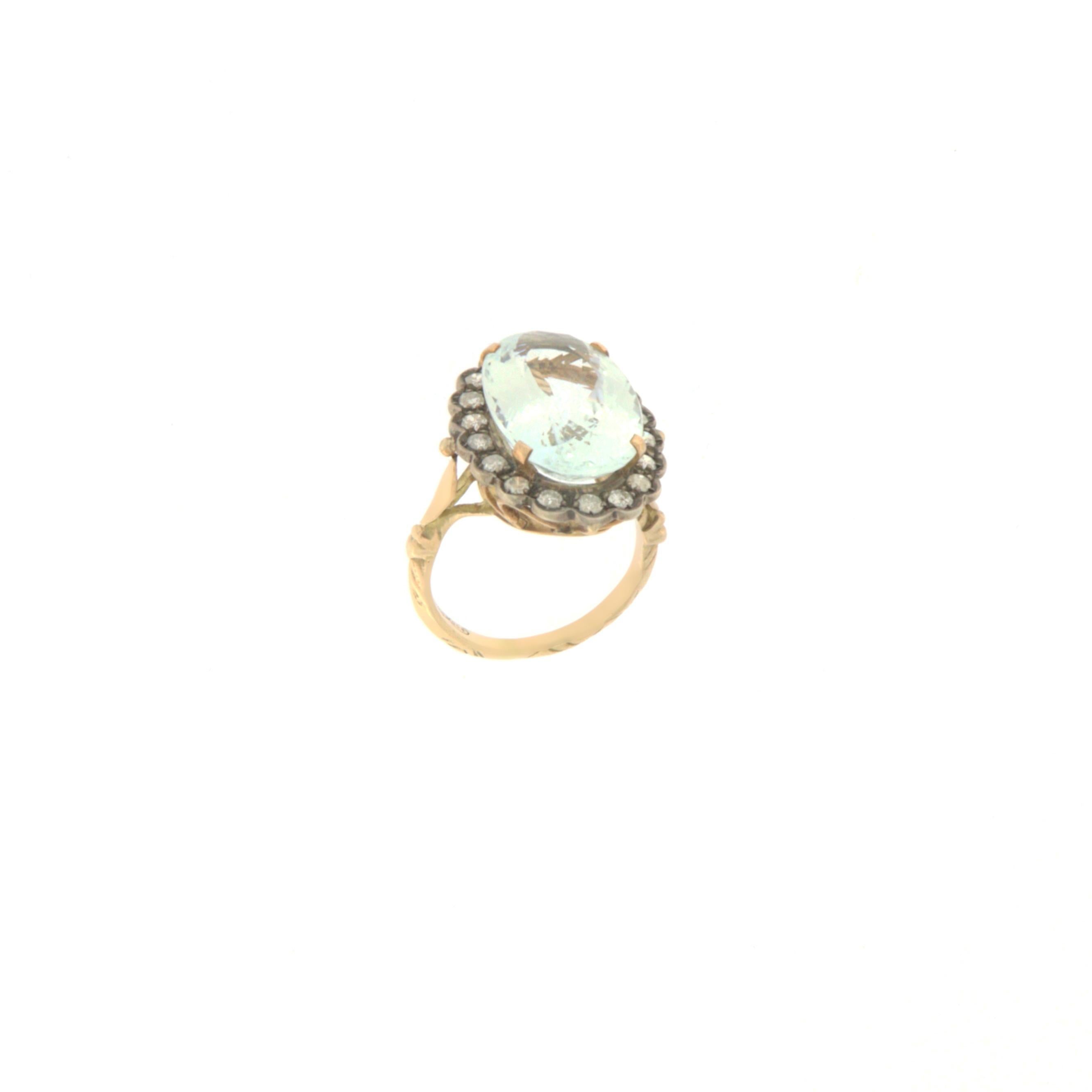 Artisan Diamonds Aquamarine 14 Karat Yellow Gold Cocktail Ring For Sale