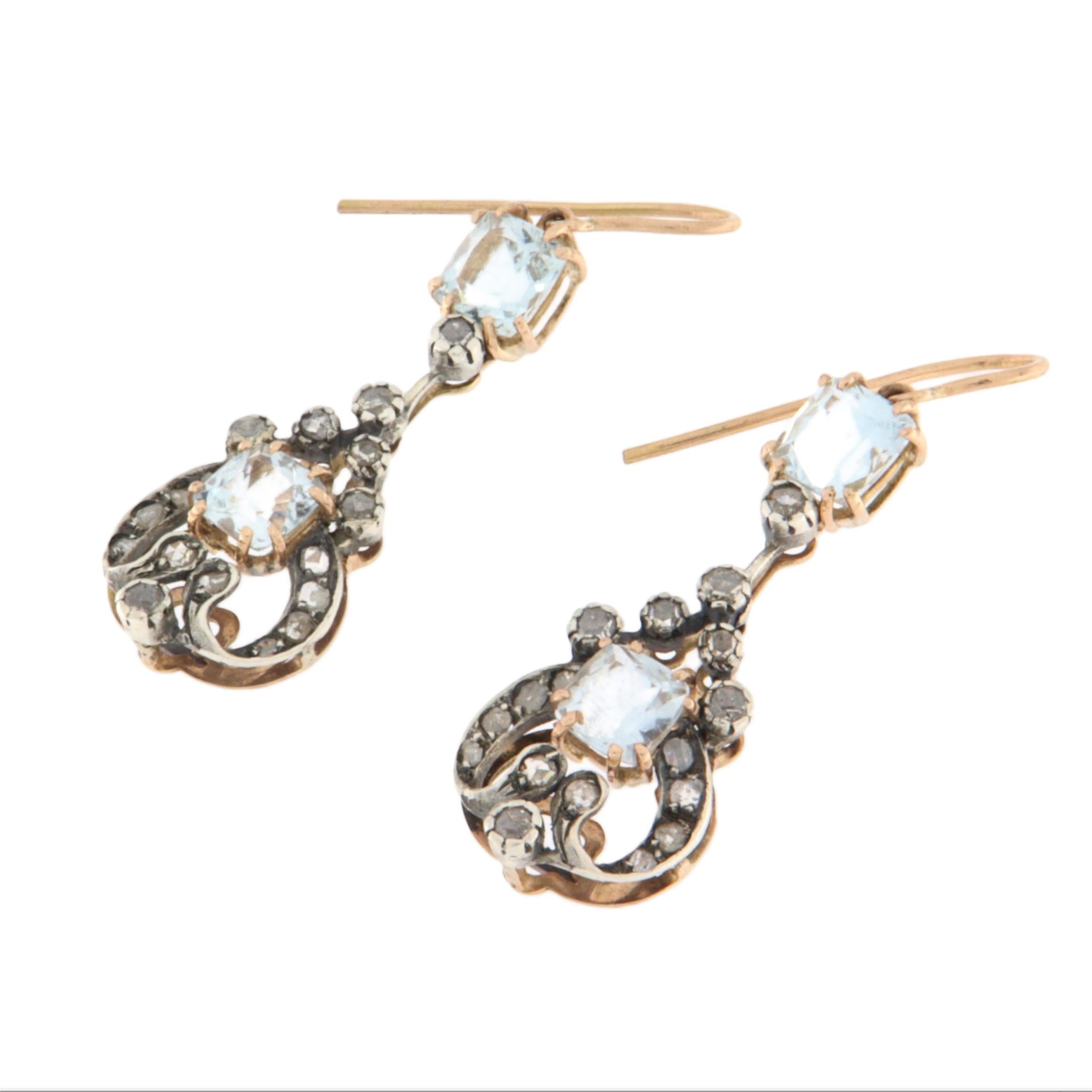 Diamanten Aquamarin 14 Karat Gelbgold Tropfenohrringe (Rosenschliff) im Angebot