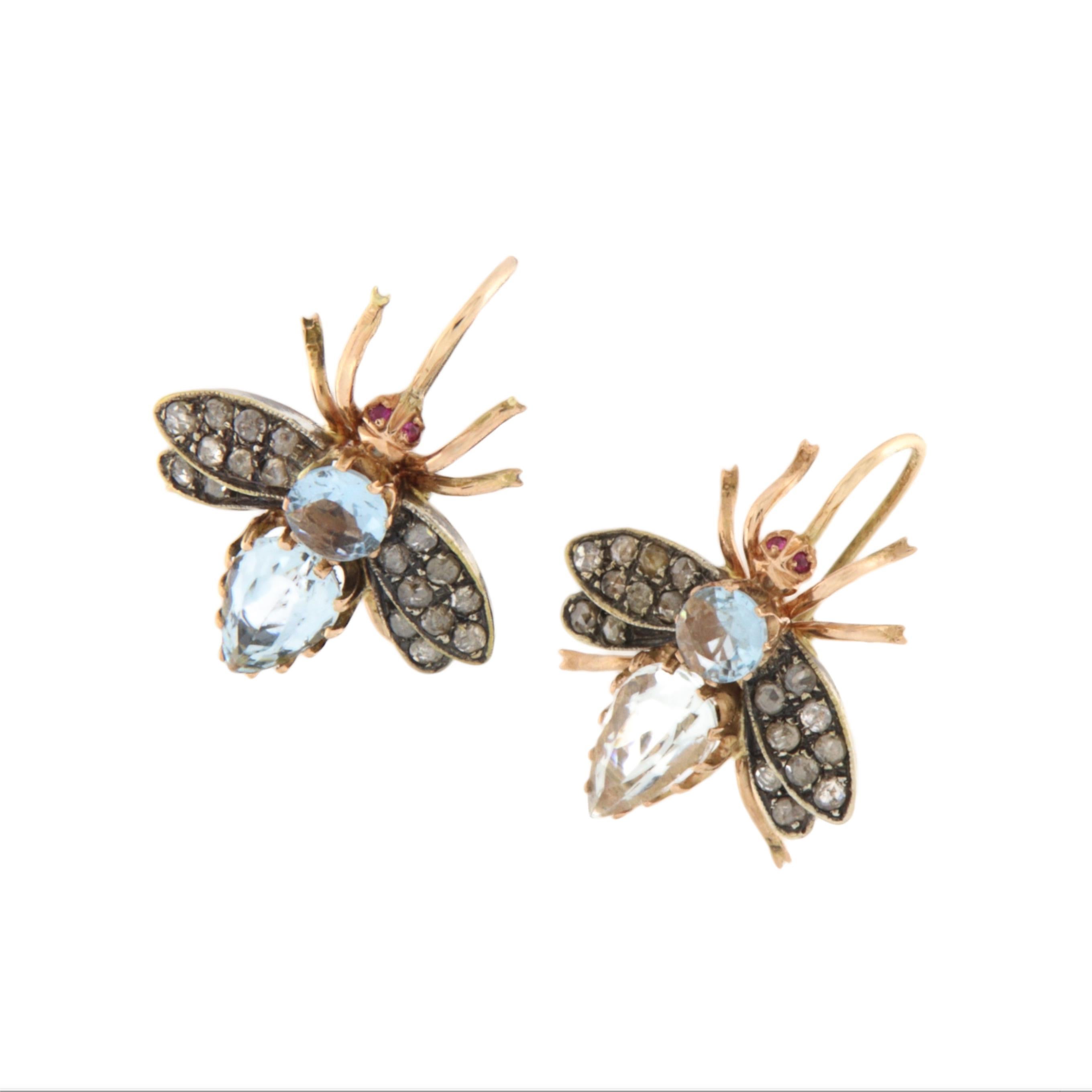 Diamanten Aquamarin 14 Karat Gelbgold Fliege Tropfen Ohrringe (Kunsthandwerker*in) im Angebot